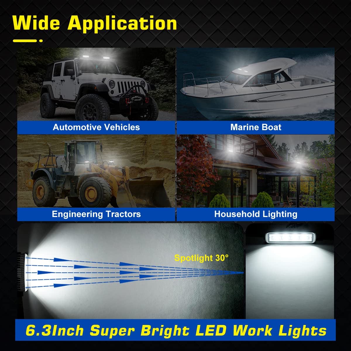 WFPOWER 6.3 Inch 72W Waterproof Marine LED Spreader Lights - 2 Pack COB Spotlight for Boat T-Top, Deck, Dock & Pontoon Fishing - 12V White Flood Lights for Night Navigation & Safety