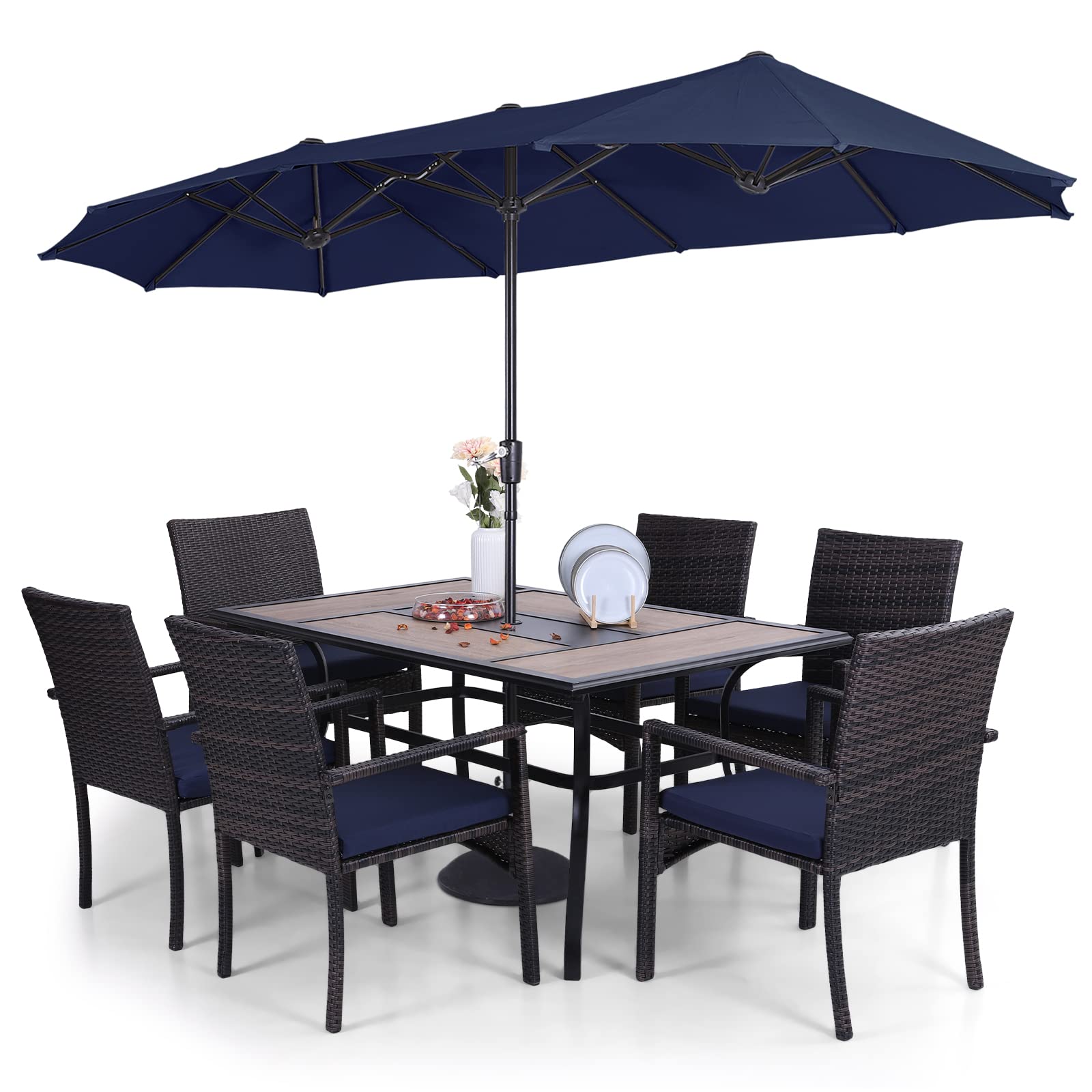 7-Piece Patio Dining Set with 13ft Navy Double-Sided Umbrella - Outdoor Rattan Chairs & Metal PVC Table with Cushions - Perfect for Backyard, Porch, Garden and Poolside Gatherings