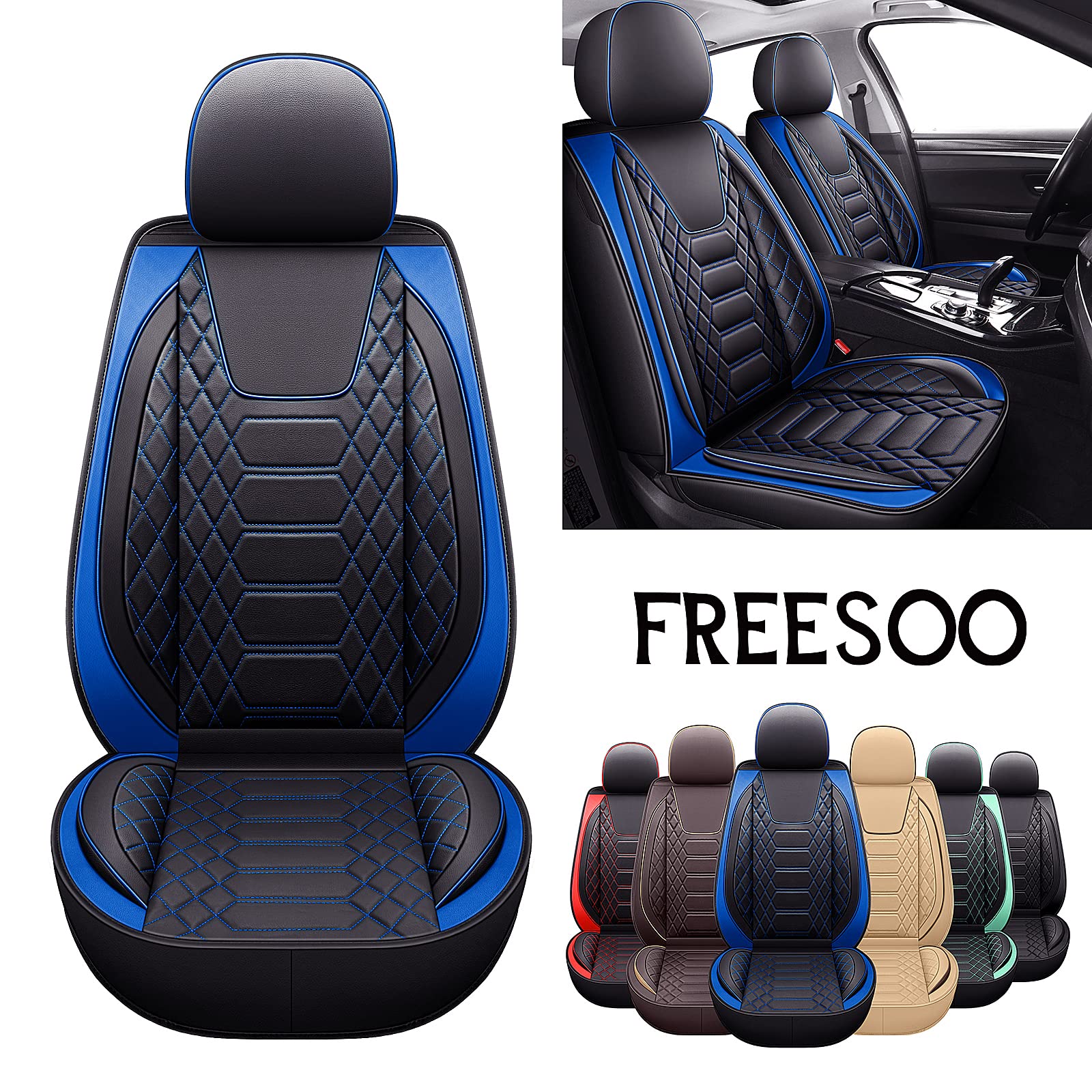 Premium Leather Car Seat Covers Full Set - Universal Fit for 5 Seats, Airbag Compatible & Durable Protection (Black & Blue) | Perfect for SUVs, Sedans & Family Vehicles