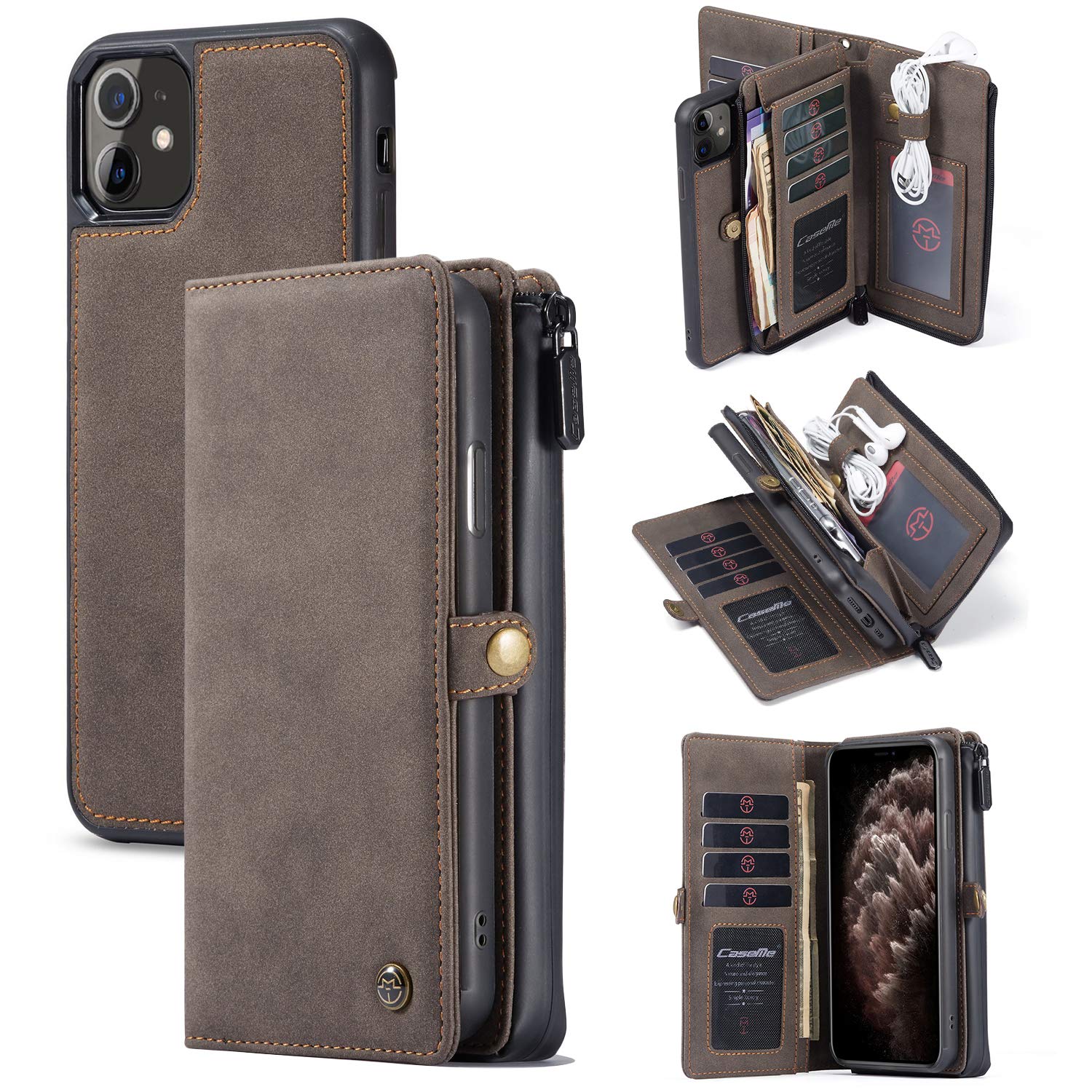 Premium Leather Wallet Case for iPhone 12 6.1 inch - Detachable Magnetic Flip Cover with Zipper, 11 Card Slots & Wrist Strap | Shockproof Protective Phone Handbag (Coffee) - Perfect for Travel, Shopping & Daily Use