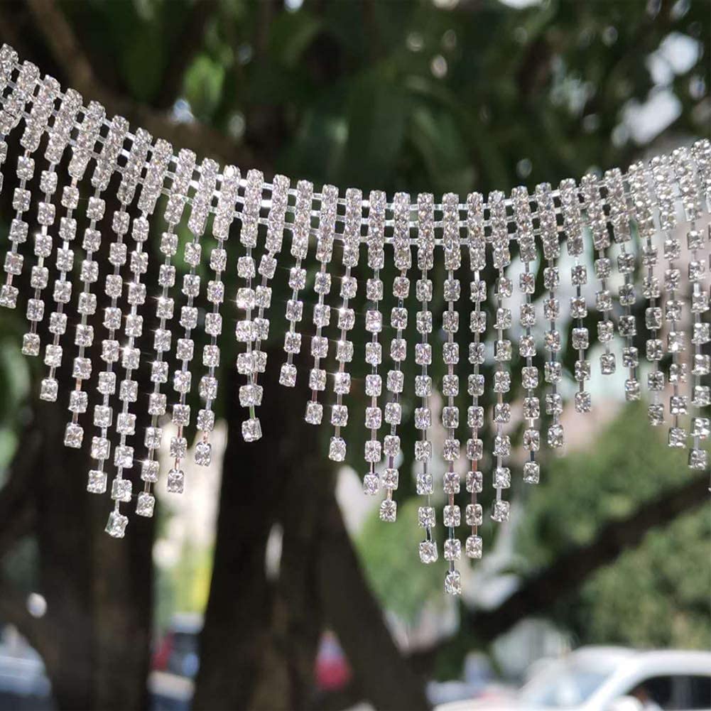 1 Yard Silver Triangle Rhinestone Waist Chain with Tassel Fringe Trim - Crystal Diamond Bridal Applique for Belly Dance Costumes, Wedding Accessories & Festival Outfits