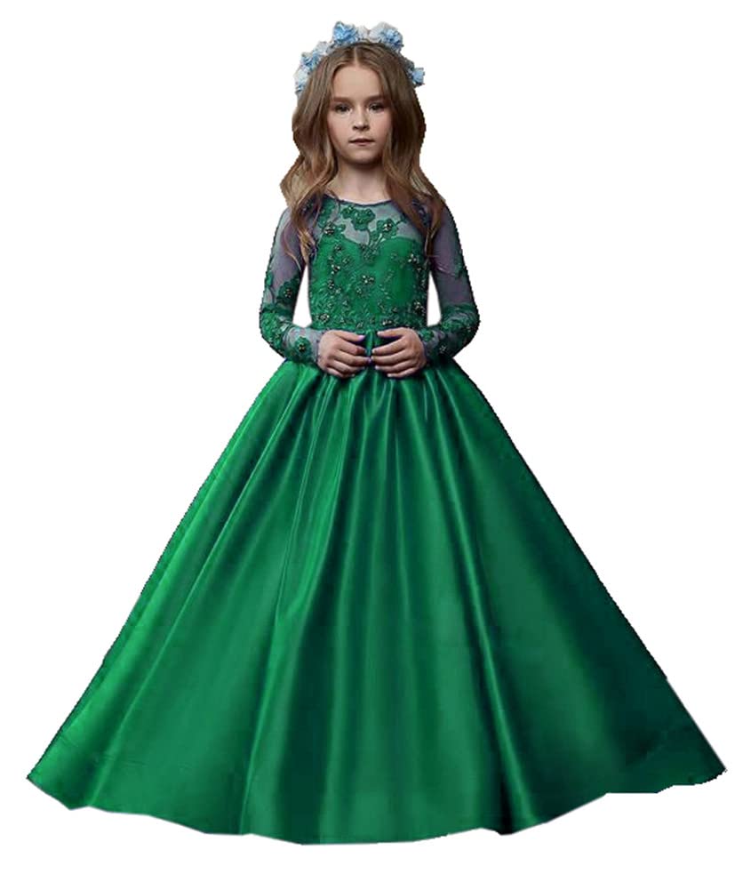 Girl's Long Sleeve Lace Appliqued Flower Girl Dress - Satin Wedding Pageant Gown for Toddlers - Perfect for Weddings, Christenings & Special Occasions
