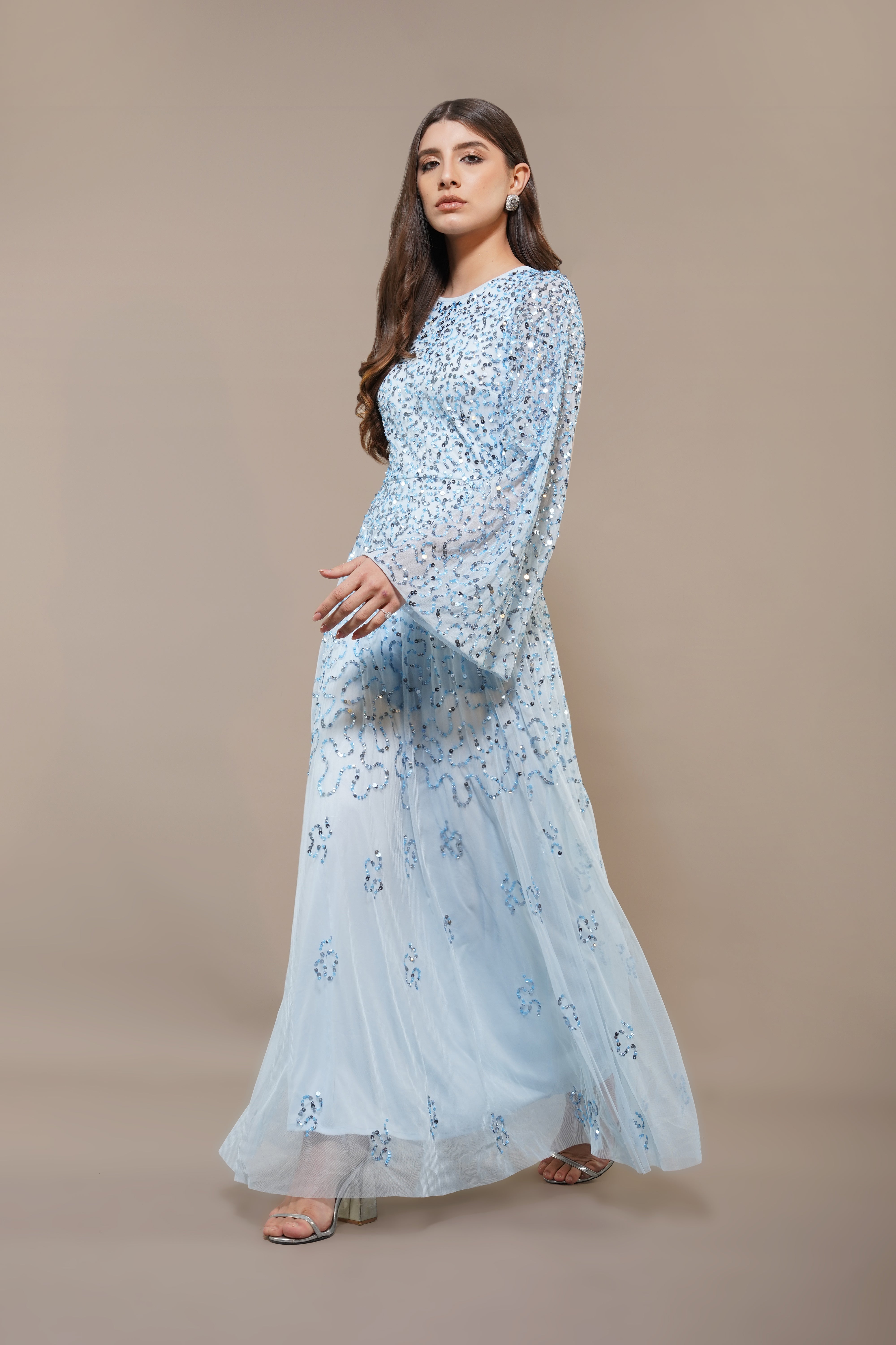 Sloane Long Sleeve Embellished Maxi Dress - Sky Blue Women's Elegant Evening Gown for Parties, Weddings & Special Occasions