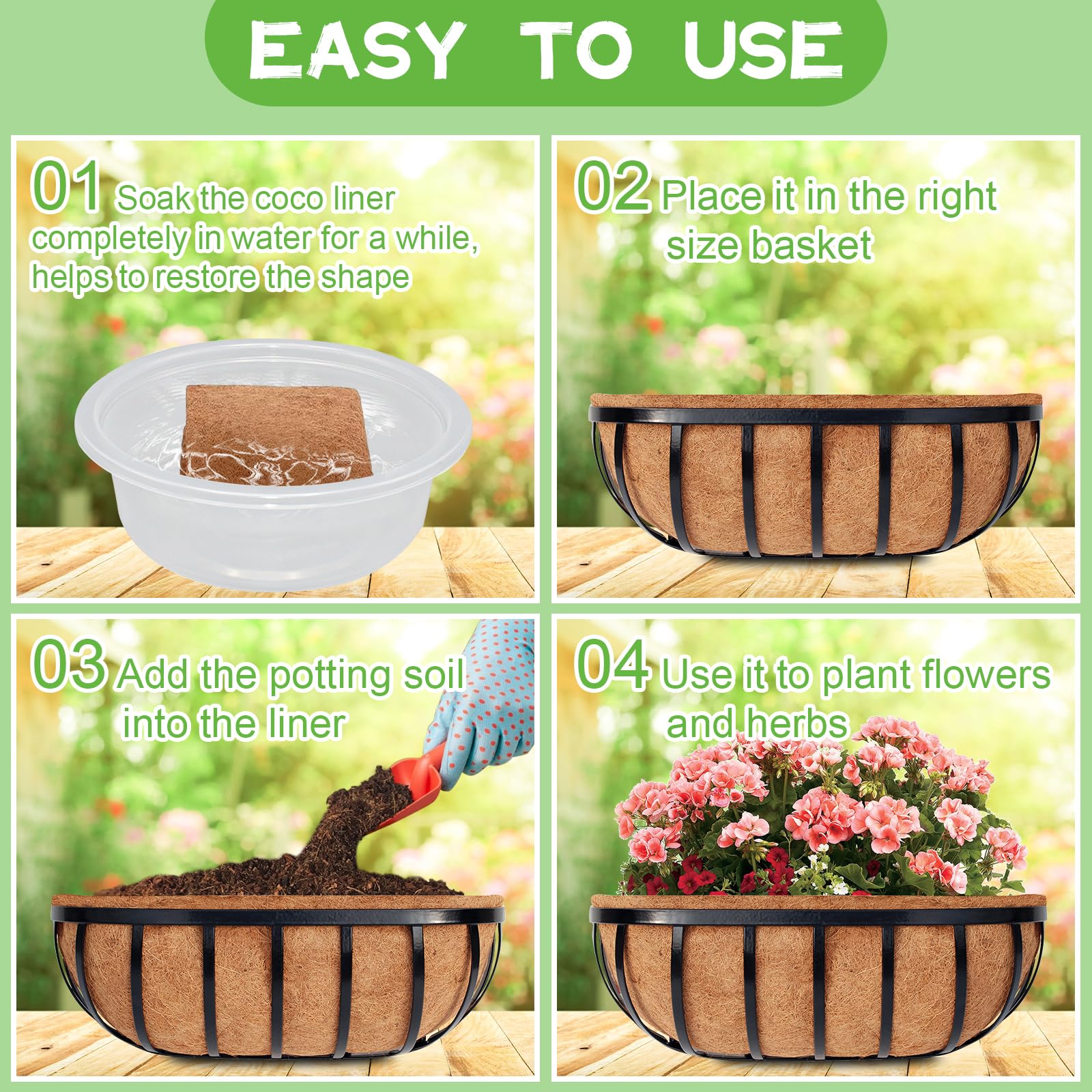 Riare 4 Pack 30 Inch Coco Coir Planter Liners - Natural Coconut Fiber Replacement Liners for Window Boxes, Wall Planters & Deck Railings - Perfect for Indoor/Outdoor Gardening & Home Decor