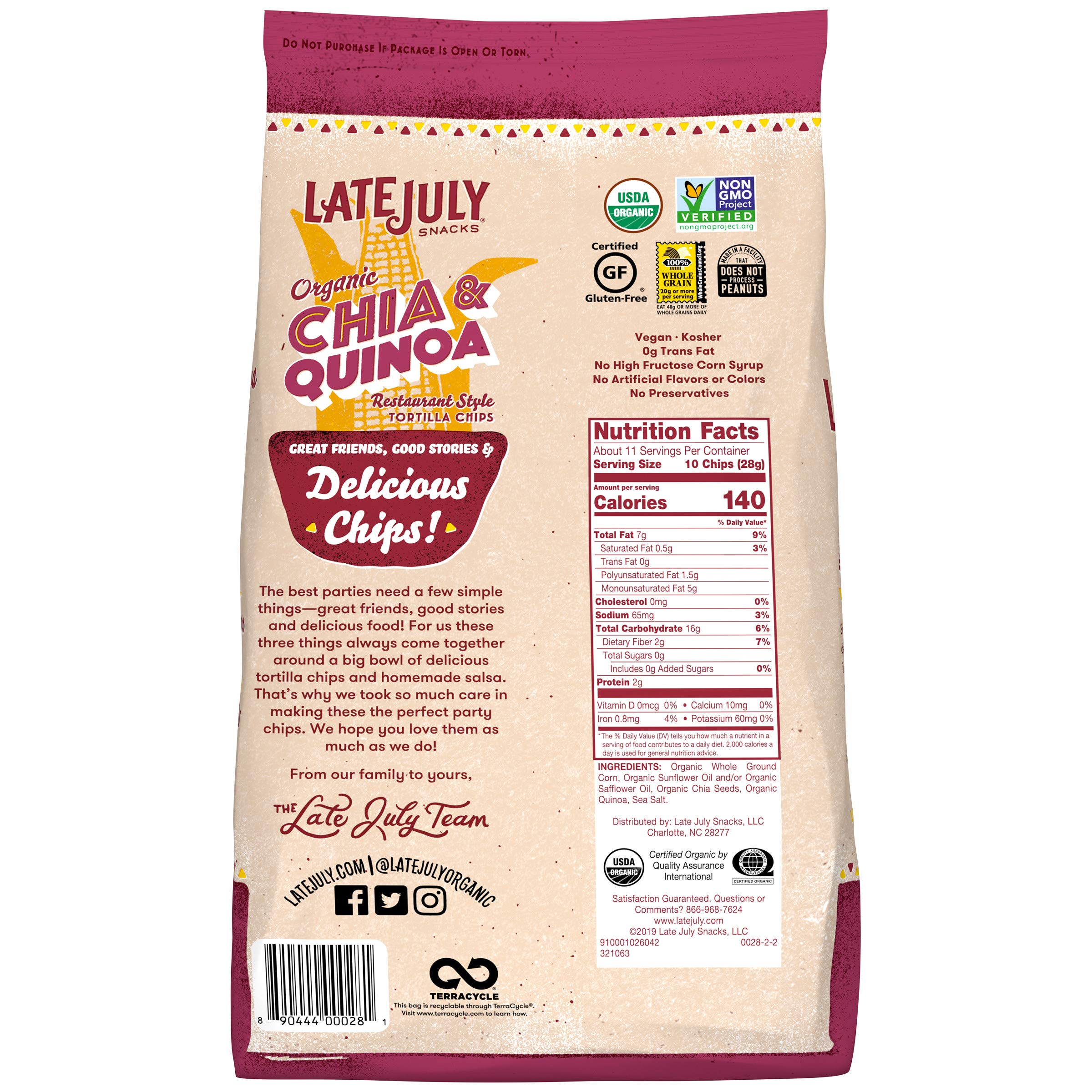 LATE JULY Organic Chia & Quinoa Tortilla Chips - Restaurant Style Snacks - 11oz Bags (Pack of 9) - Gluten Free, Non-GMO - Perfect for Parties, Movie Nights & Healthy Snacking