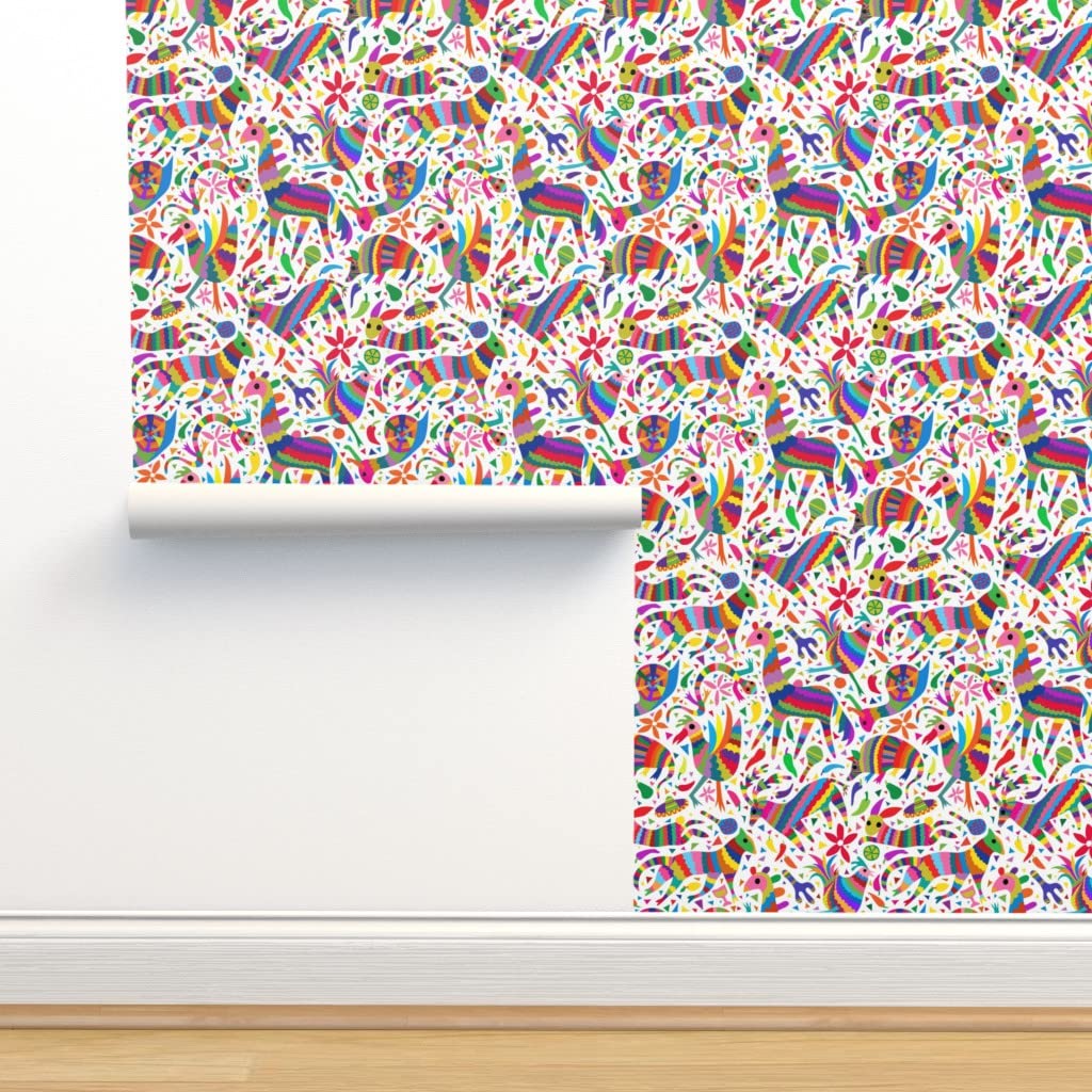 Peel & Stick Removable Wallpaper - 9ft x 2ft Mexican Otomi Bird & Armadillo Design for Home Decor, Party Backdrop, Nursery, or Office | Custom Self-Adhesive Wallpaper by Spoonflower