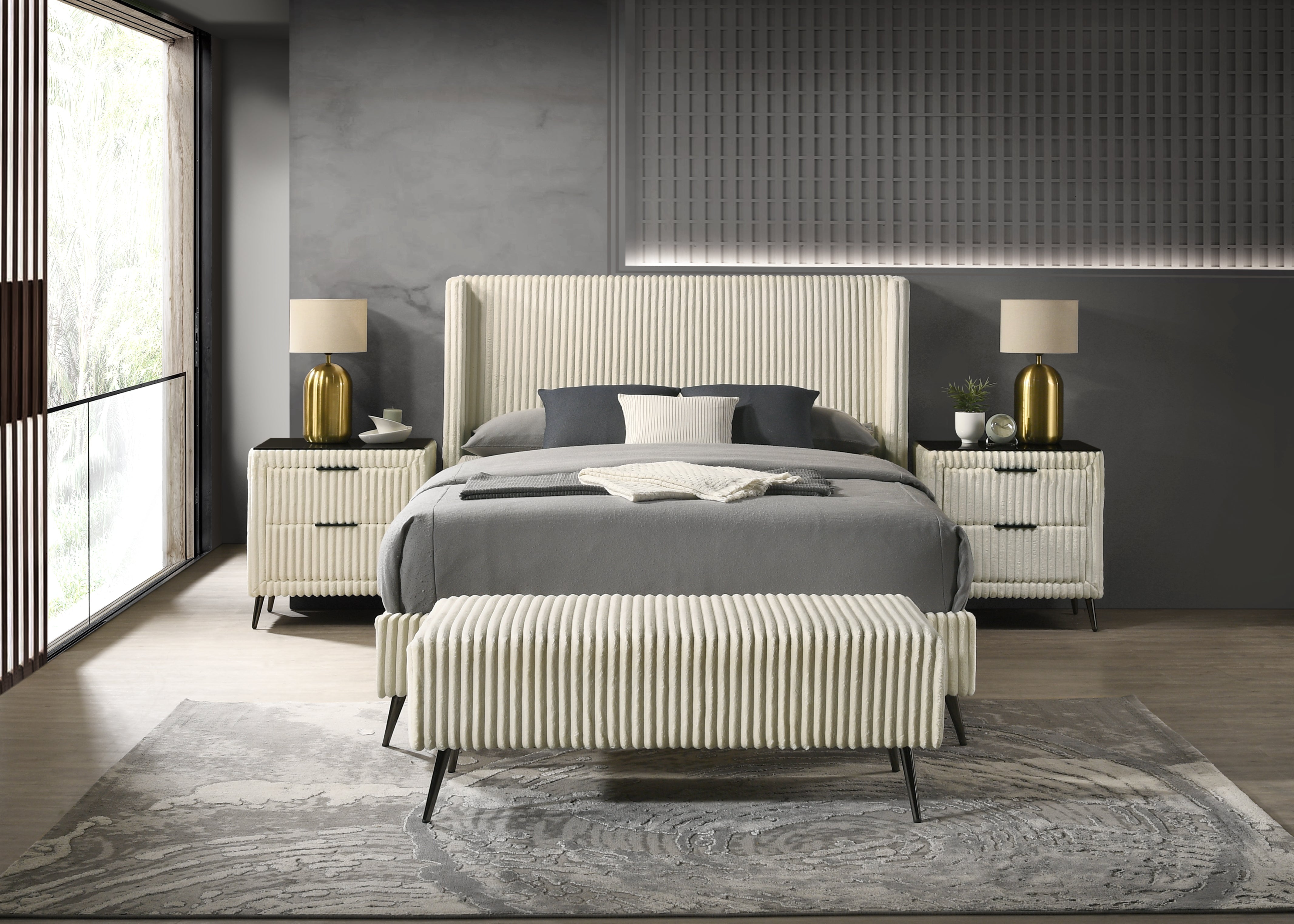 Roundhill Furniture Mavela Wide Wale Corduroy Upholstered Panel Bed - Queen Size Cream Upholstery Bed Frame for Bedroom, Living Room & Guest Room