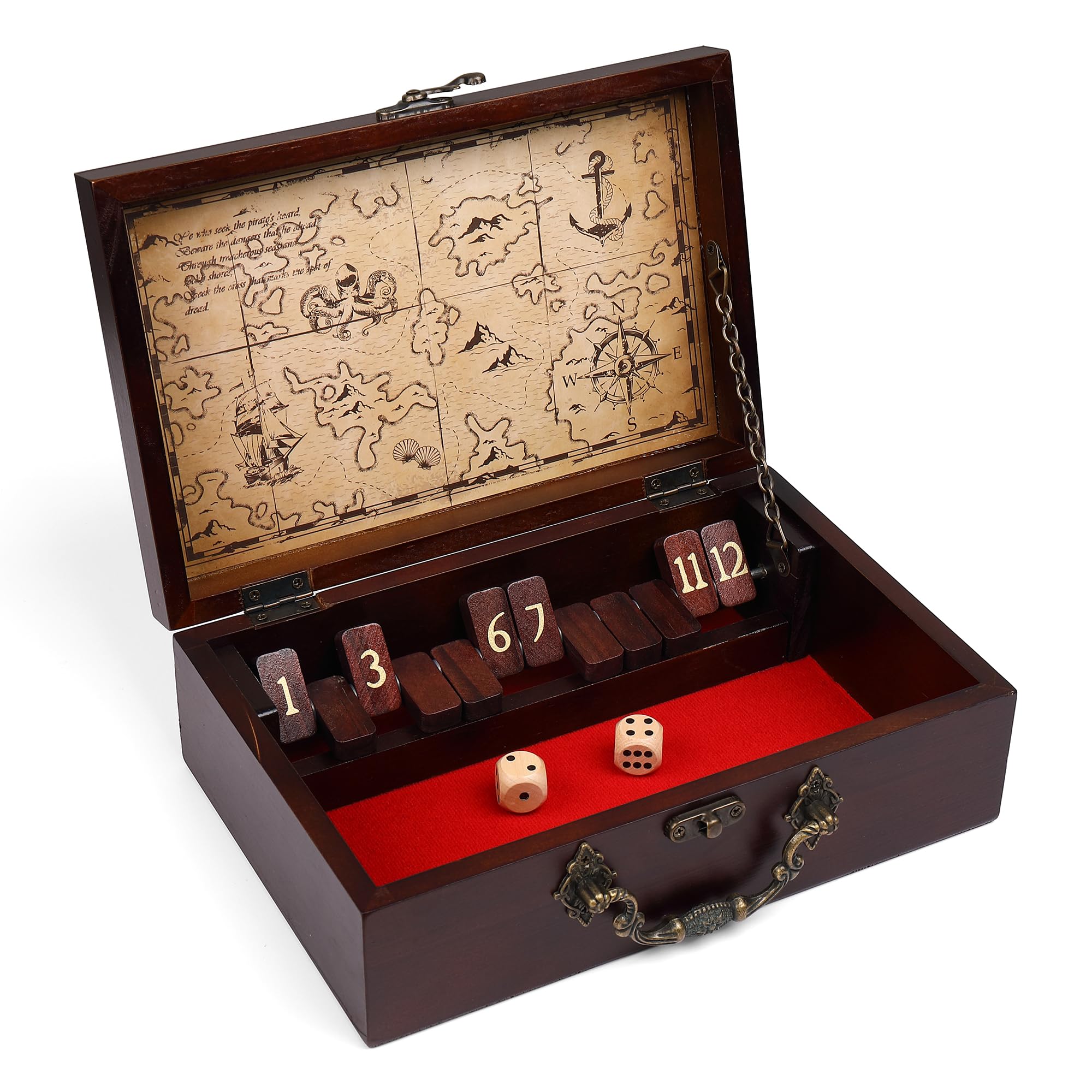STERLING Games 12 Number Shut The Box Wooden Dice Game - Portable Travel Case with Nautical Design - Fun Family Board Game for Kids & Adults - Perfect for Parties, Camping & Beach Outings
