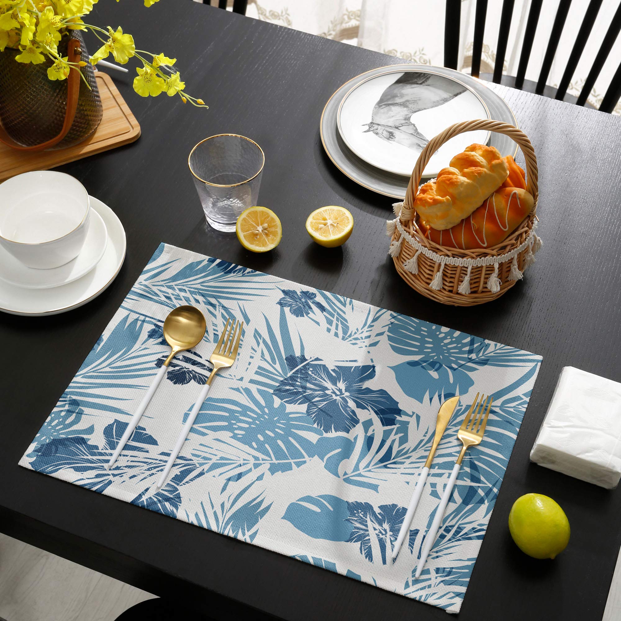 Tropical Blue Palm Leaf Cotton Linen Placemats Set of 4 - Heat Resistant, Non-Slip & Washable Table Mats for Dining Table Decor, Kitchen, Holiday Banquet - Perfect for Beach House, Summer Parties & Boho Home Decor