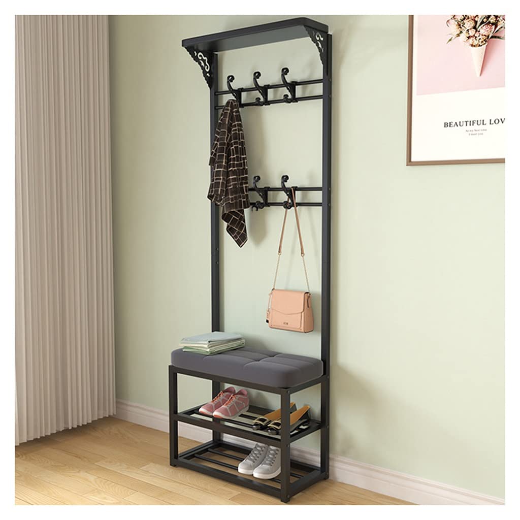 YAWEDA 4-in-1 Entryway Organizer - Large Hall Tree Coat Rack with Shoe Bench, 8 Adjustable Hooks, Armrest & Storage for Mudroom, Foyer, Hallway (Black & Gray, 60x30x172cm) - Perfect for Organizing Shoes, Coats, Bags & Accessories in Small Spaces