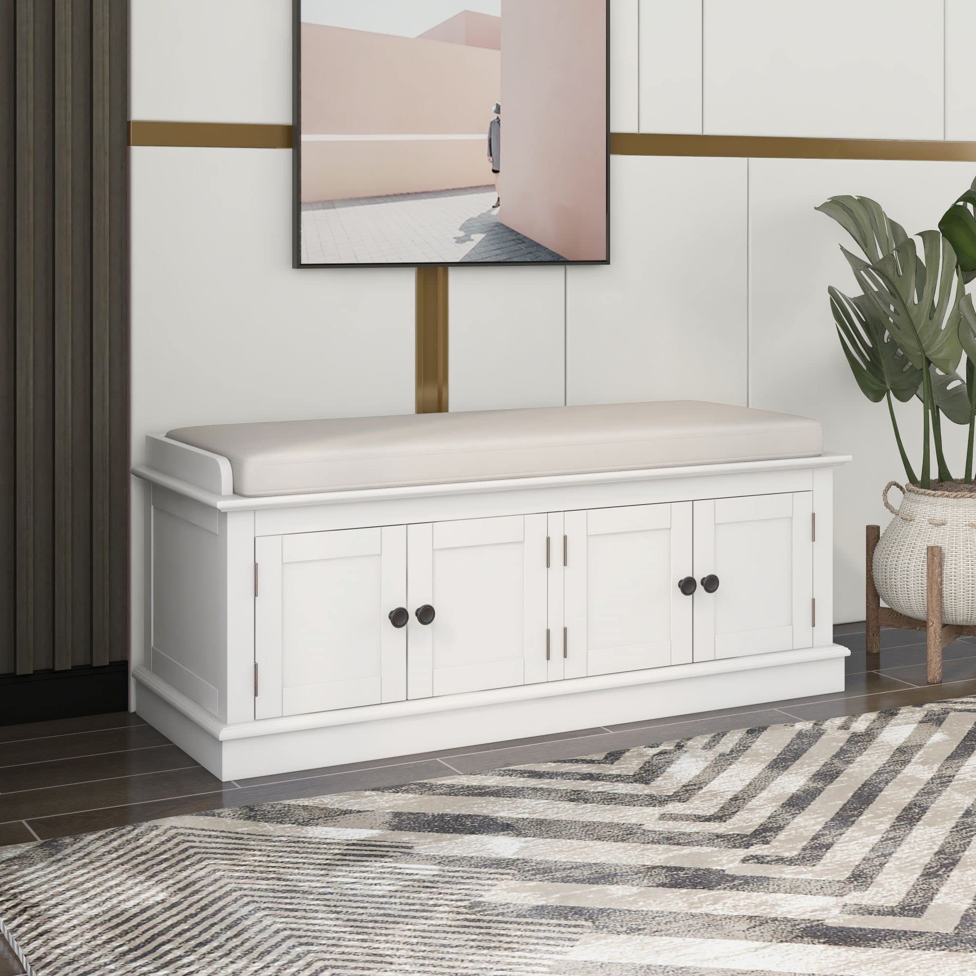 Merax 4-Door Storage Bench with Adjustable Shelves & Removable Cushion - White Entryway Shoe Bench for Living Room, Hallway, Bedroom - Perfect for Organizing Shoes, Toys & Home Decor