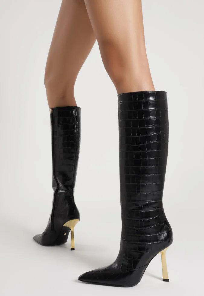 Ciara Crocodile Embossed Leather Boots for Women - High Heel Fashion Boots F24 (S2199700020003) | Perfect for Party, Night Out & Office Wear