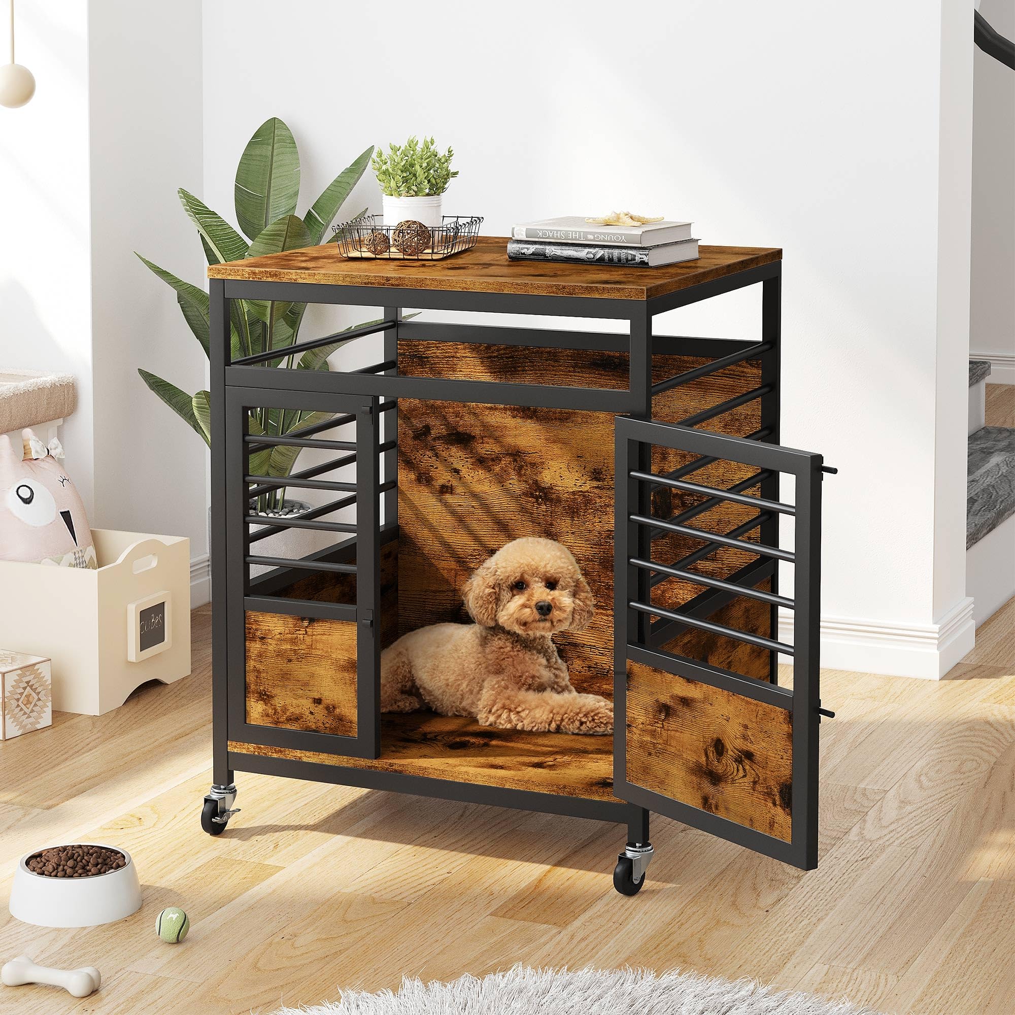DWVO 24 Inch Rustic Brown Dog Crate Furniture - Modern Wooden Indoor Kennel with Wheels, Chew-Resistant End Table for Small to Medium Dogs | Perfect for Living Room, Bedroom & Home Decor