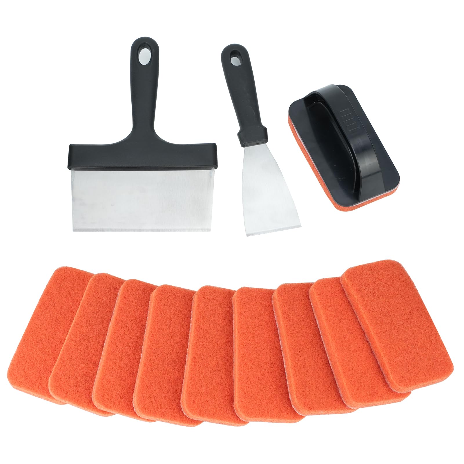 13-Piece Blackstone Griddle Cleaning Kit - 2 Stainless Steel Scrapers, 10 Scouring Pads & Handle - Professional Grill Cleaning Tools for Blackstone & Flat Top Grills - Perfect for Outdoor Cooking & Backyard BBQs