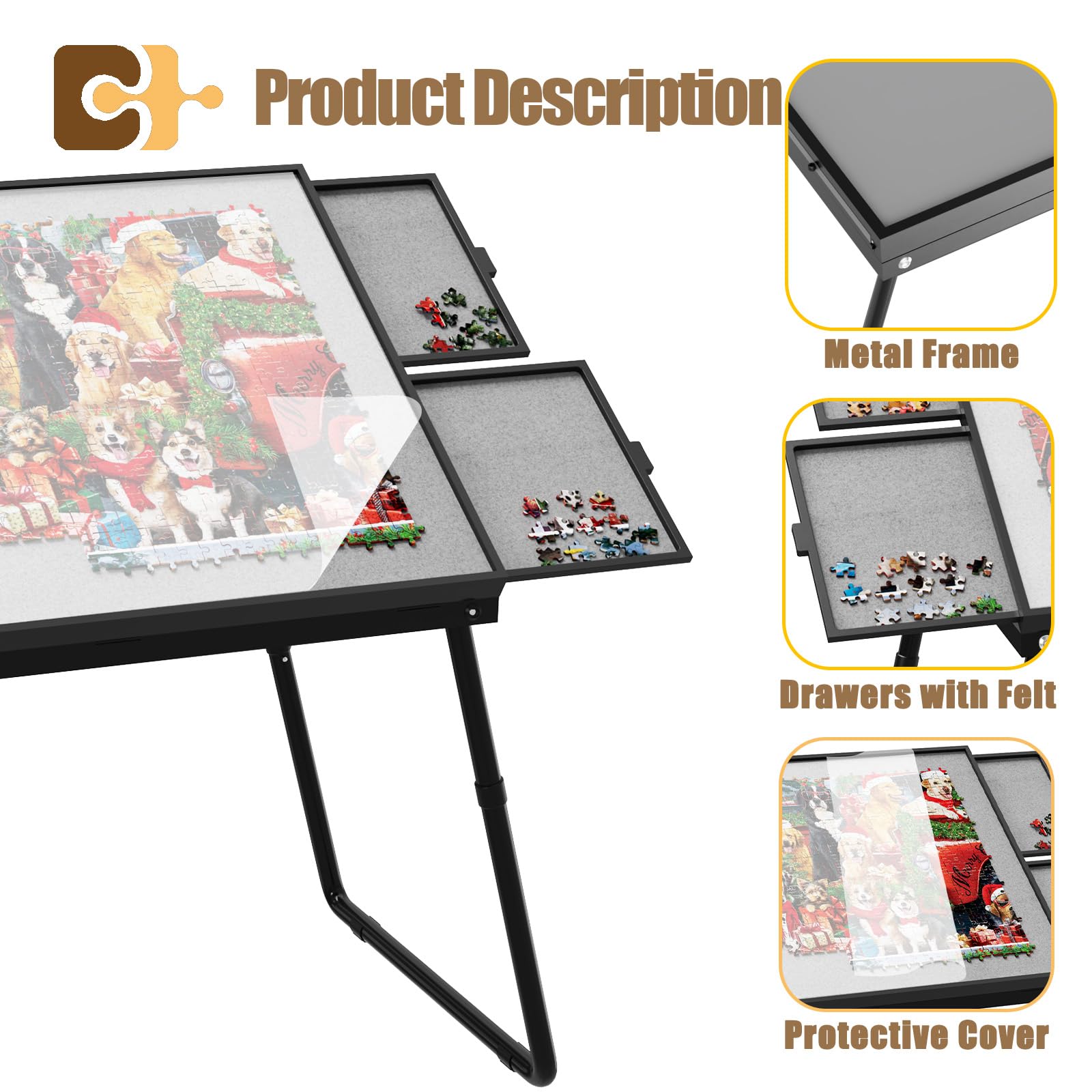 Adjustable Height Jigsaw Puzzle Table 18-28 Inch, 2-in-1 Metal Puzzle Board with Foldable Legs - Aluminum Puzzle Table for Adults & Kids - Portable Folding Table with Storage Drawers, Felt Surface & Protective Cover - Perfect for Family Game Nights, Classroom Activities & Home Decor