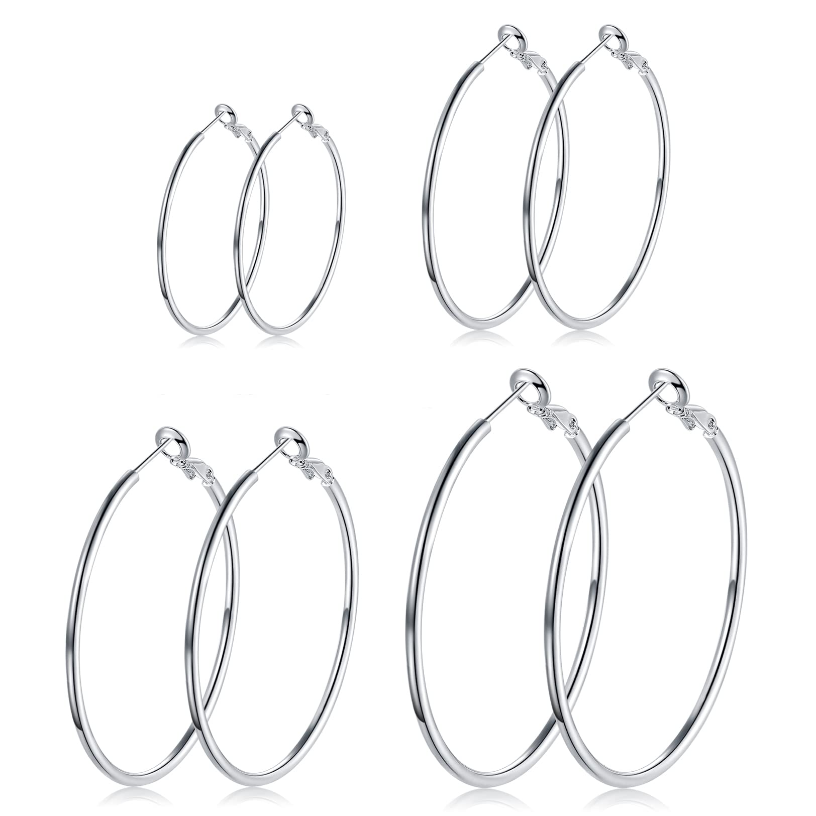 4 Pairs 925 Sterling Silver Hoop Earrings for Women - Hypoallergenic Large Minimalist Hoops (30MM 40MM 50MM 60MM) - Perfect for Everyday Wear, Parties & Gifts