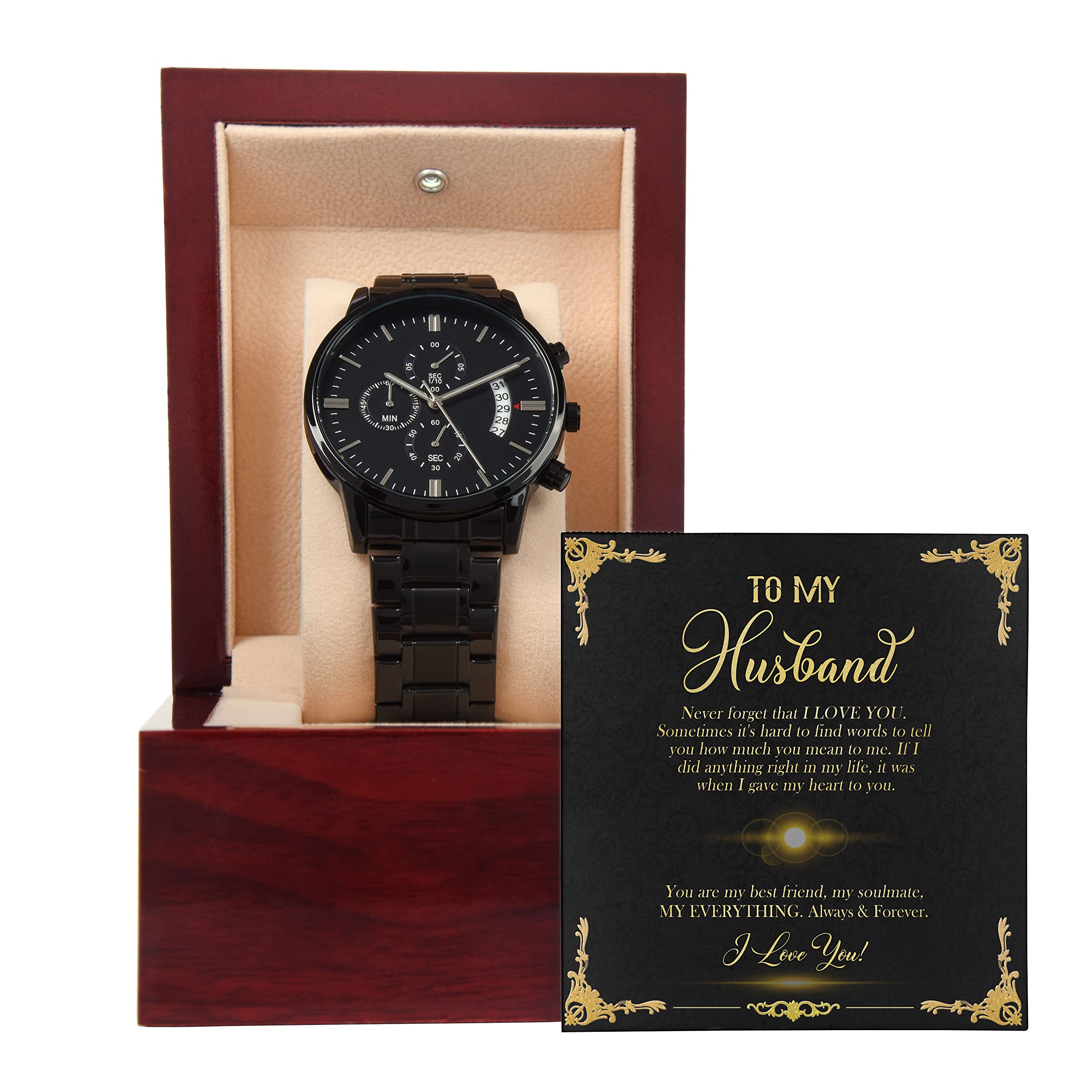 LOLUIS Men's Black Chronograph Watch - Elegant Anniversary & Birthday Gift for Husband - Engraved 'To My Husband' - Perfect for Formal Events, Date Nights & Special Occasions
