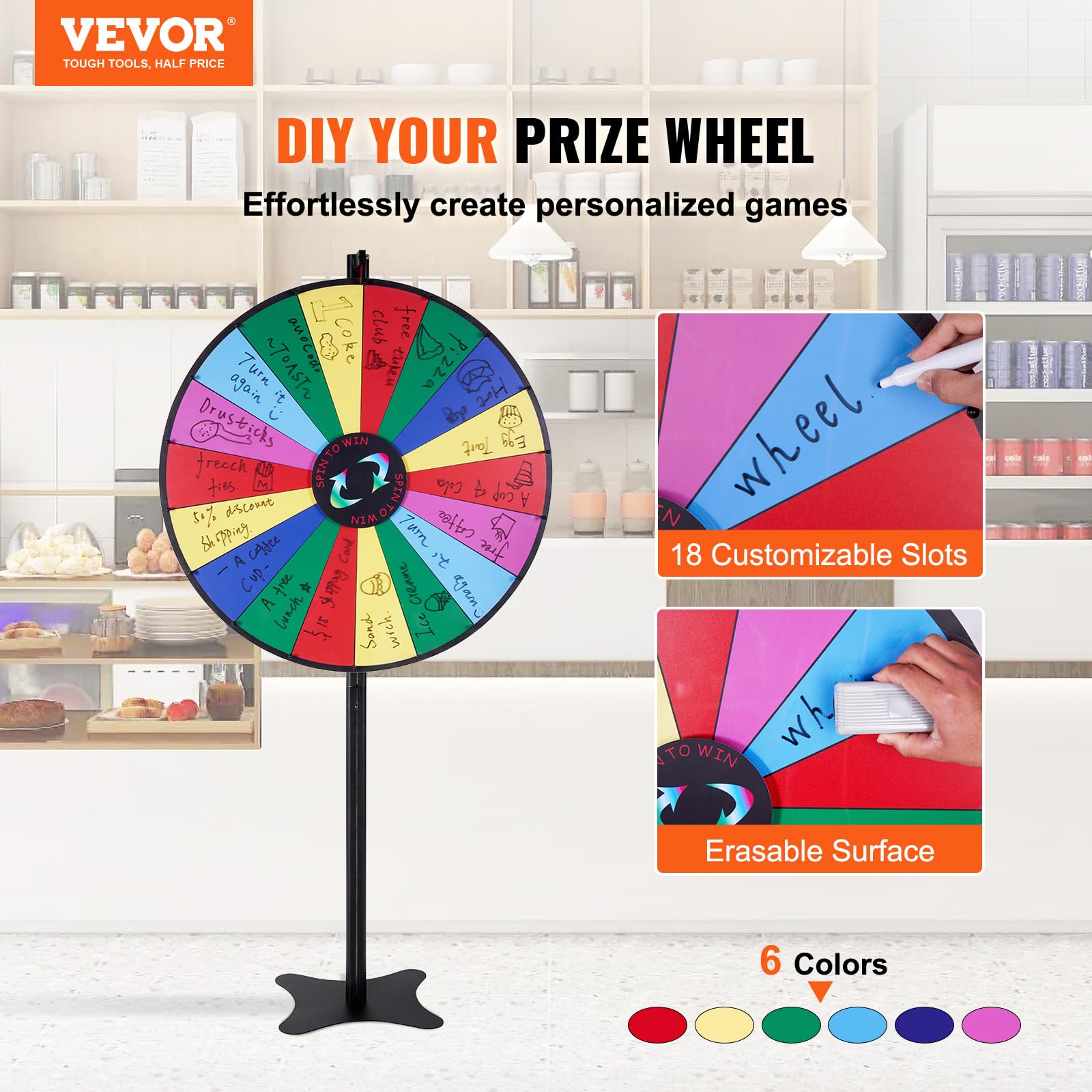 VEVOR 36 Inch Spinning Prize Wheel with 18 Slots - Dry Erase Roulette Wheel for Fortune Games, Includes 2 Markers - Perfect for Parties, Pubs, Trade Shows, Carnivals & Casino Nights - Tabletop or Floor Standing Spin Wheel for Exciting Giveaways & Contests