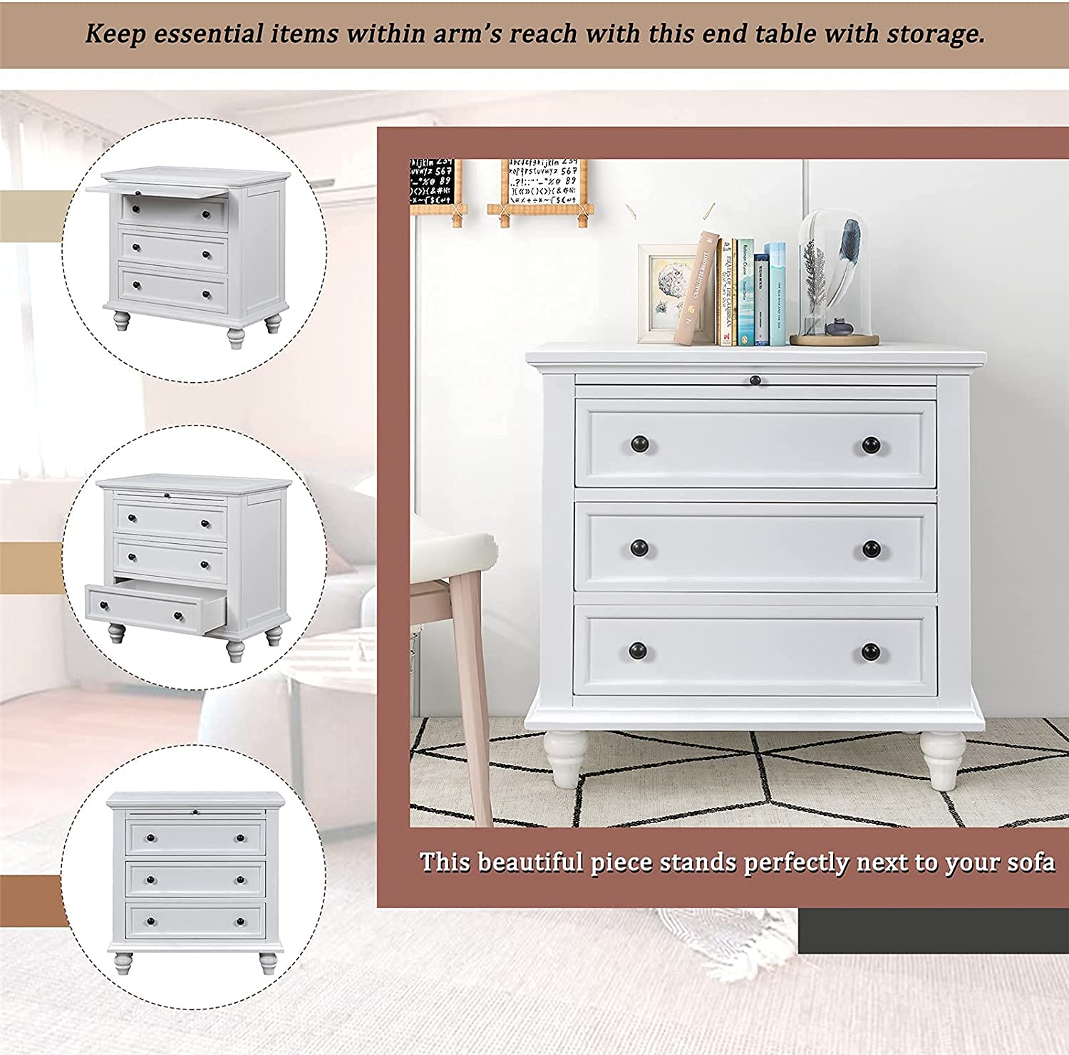 White Wood 3-Drawer Nightstand with Pull-Out Tray - Bedroom & Living Room Side Table