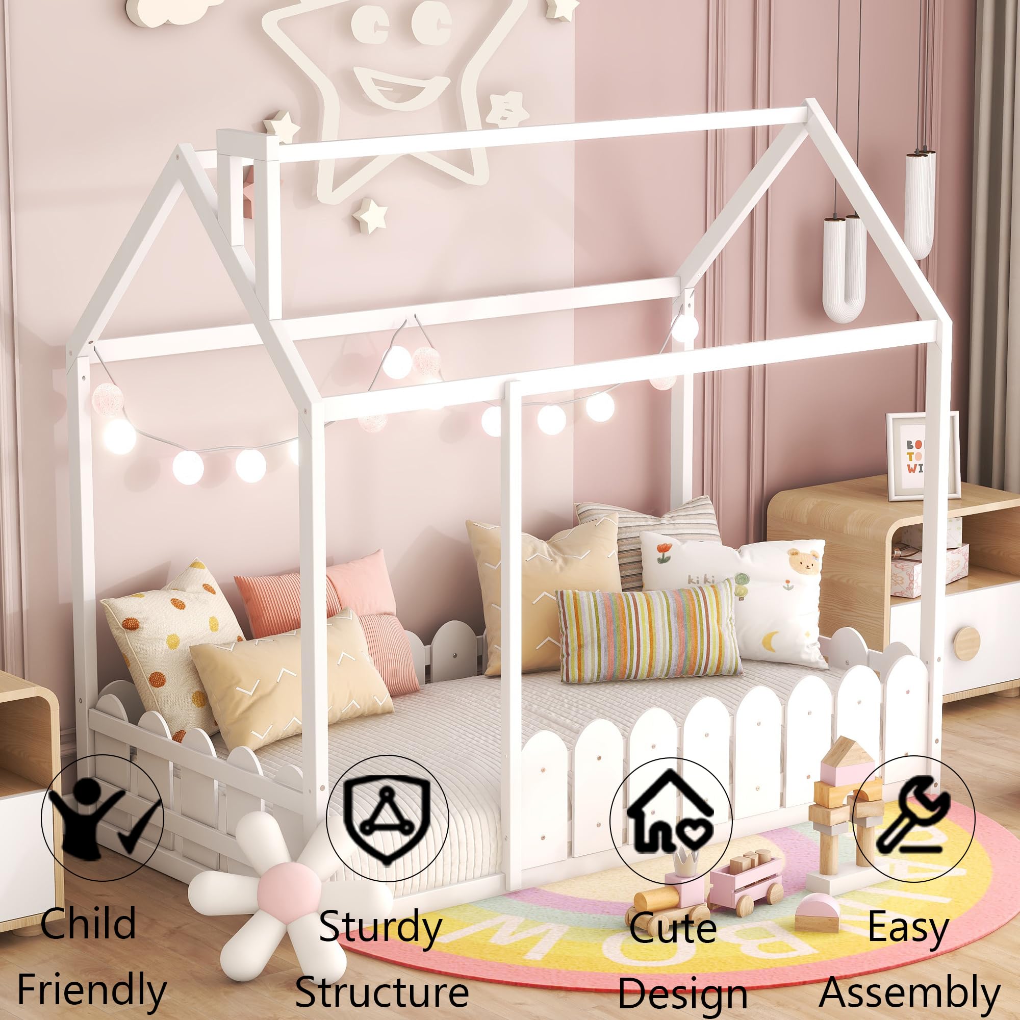 Harper & Bright Designs Twin Floor Bed for Kids - Wood Montessori Bed with Safety Rails - Low Profile House Bed for Toddlers, Girls & Boys (Twin Size, White) - Perfect for Montessori Bedrooms, Nursery Rooms & Kids' First Big Bed
