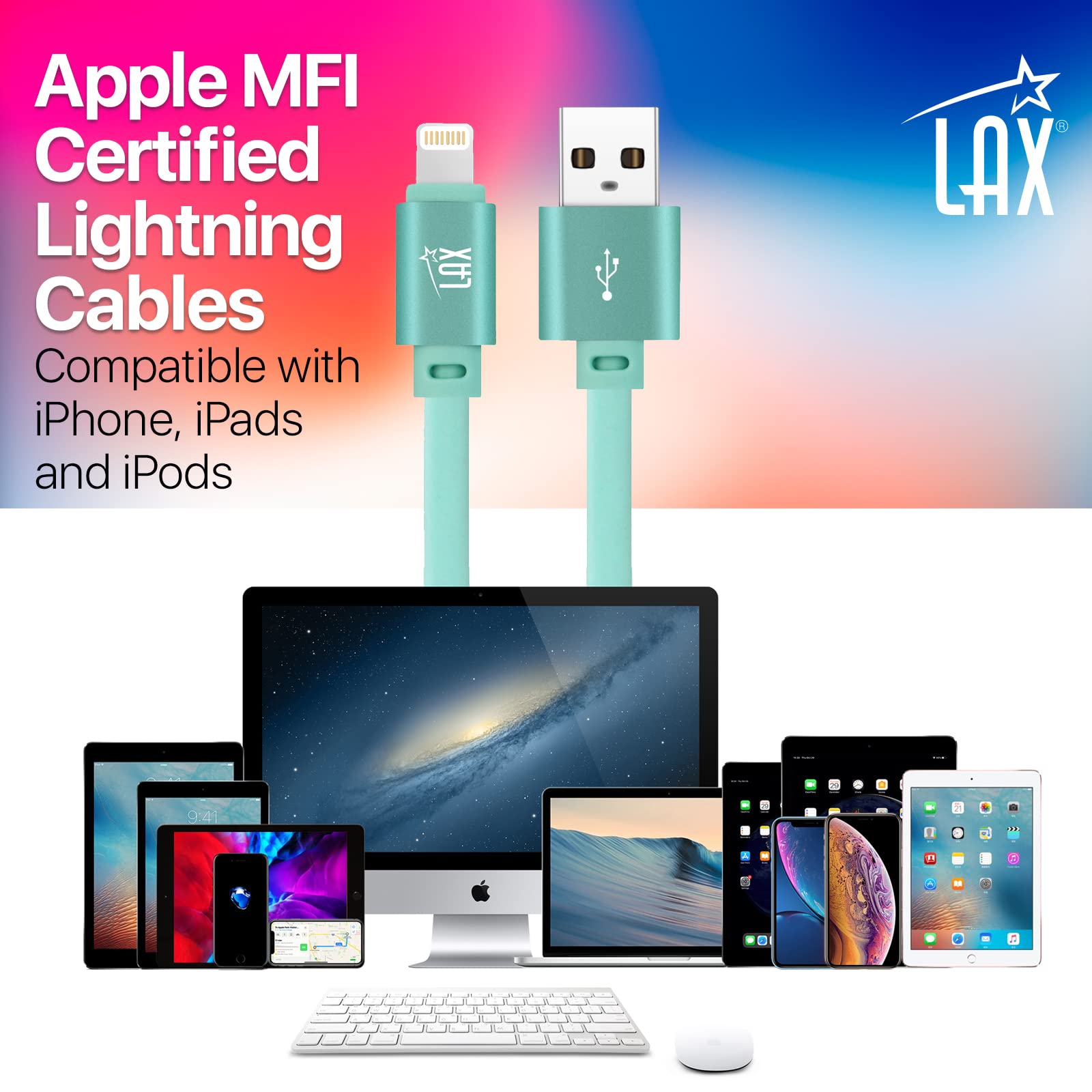 LAX USB A to Lightning Cable - Glow in The Dark Apple MFI Certified Fast Charging Cable for iPhone 14/13/12/11/X/8/7, iPad, iPod - 10ft Blue - Durable & Tangle-Free for Home, Office, Car Charging