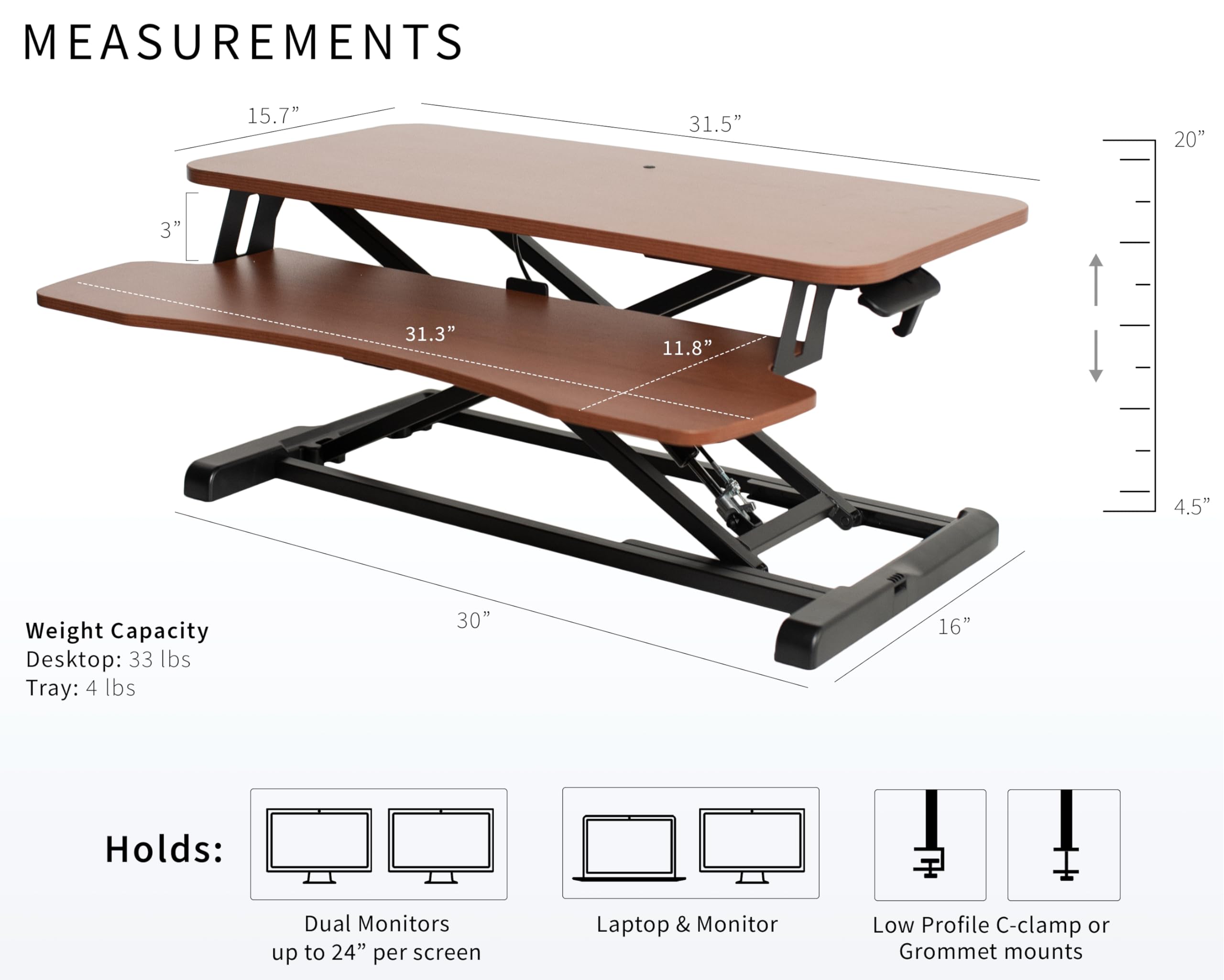 VIVO 32 Inch Height Adjustable Standing Desk Converter - K Series Sit Stand Riser with Wide Keyboard Tray, Dark Walnut Top & Black Frame - Dual Monitor & Laptop Workstation for Home Office & Gaming Setup