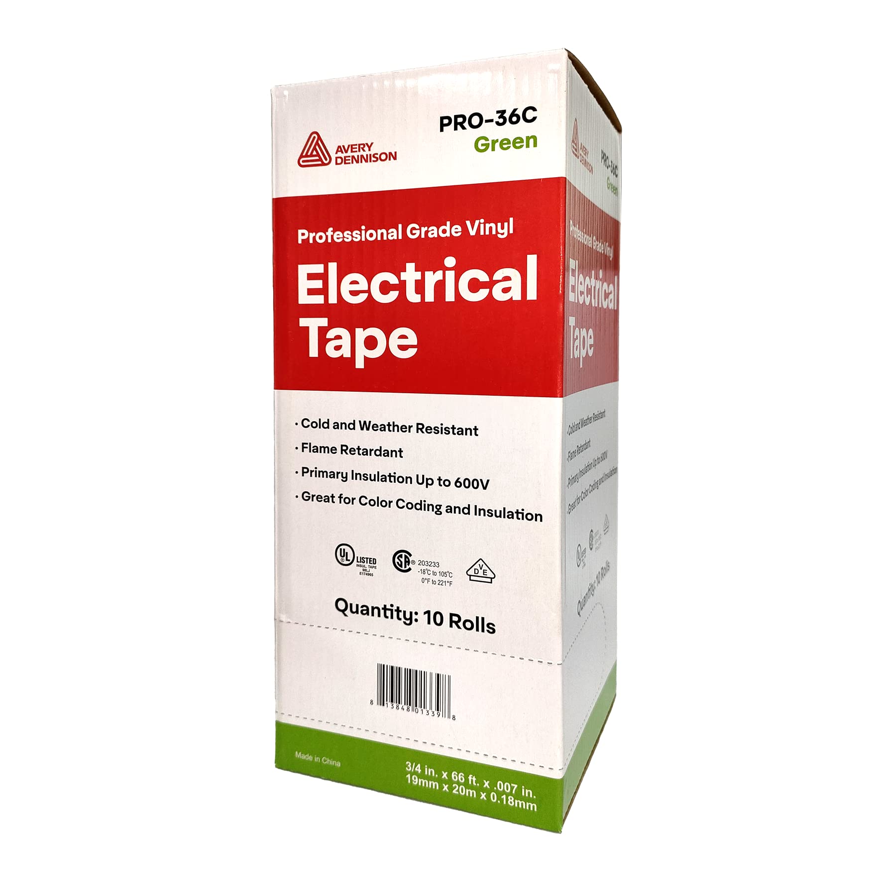 Professional Grade PVC Electrical Tape - UL/CSA Listed Insulating Vinyl Tape for Electrical Repairs, Automotive & Equipment (3/4 in x 66 ft, Green, 10 Rolls) - Perfect for Wiring, DIY Projects & Industrial Use