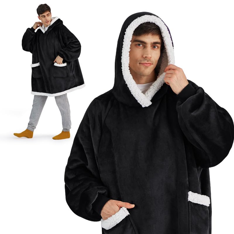 Bedsure Wearable Blanket Hoodie for Adults & Kids - Soft Oversized Fleece Hooded Blanket, Perfect Birthday Gift for Women, Men, Mom - Great for Christmas, Mothers Day, Cozy Nights at Home (Black)