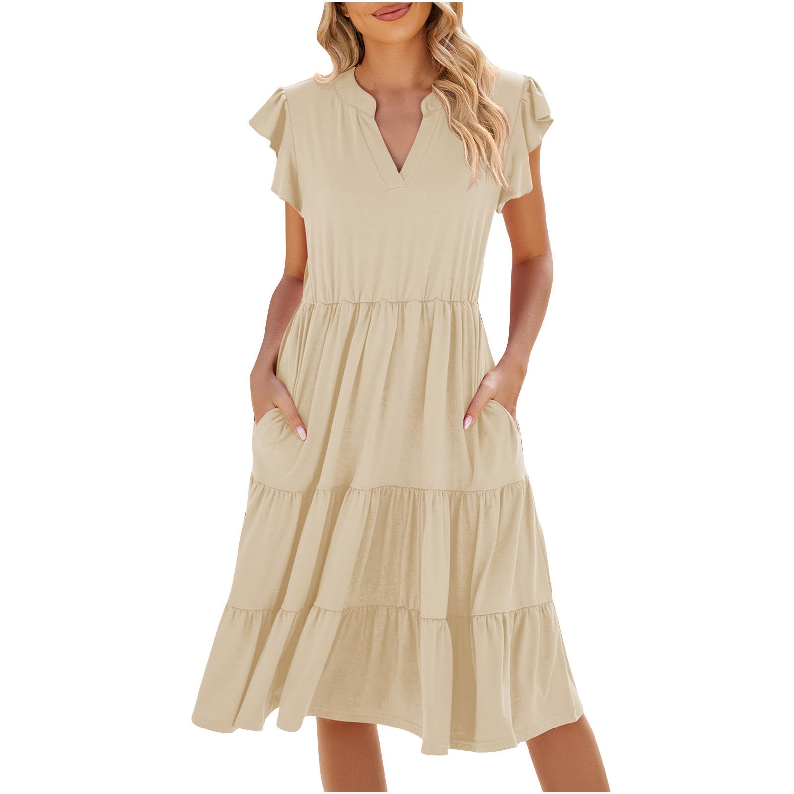 Women's V-Neck Summer Dress - Classy A-Line Ruffle Sundress with Cap Sleeves | Casual Midi Dress for Vacation, Beach, Party & Date Night | 2024 Fashion Trend