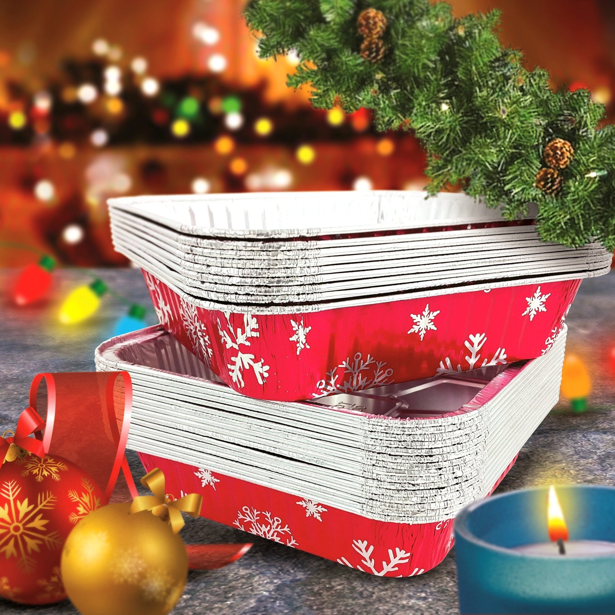 Premium Red Christmas Square Cake Pans with Clear Dome Lids - 100 Pack Disposable Aluminum Foil Baking Tins for Holiday Desserts, Party Catering & Home Baking