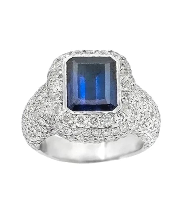 14K White Gold Men's Diamond and Blue Sapphire Ring - 3.60 CTW - Elegant Wedding Band, Anniversary Gift for Him, Engagement Jewelry for Men