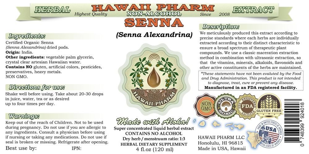 Alcohol-Free Senna Liquid Extract | Natural Herbal Supplement with Senna Alexandrina Pods Glycerite | Hawaii Pharm USA | 32 fl.oz | Supports Digestive Health & Occasional Constipation Relief