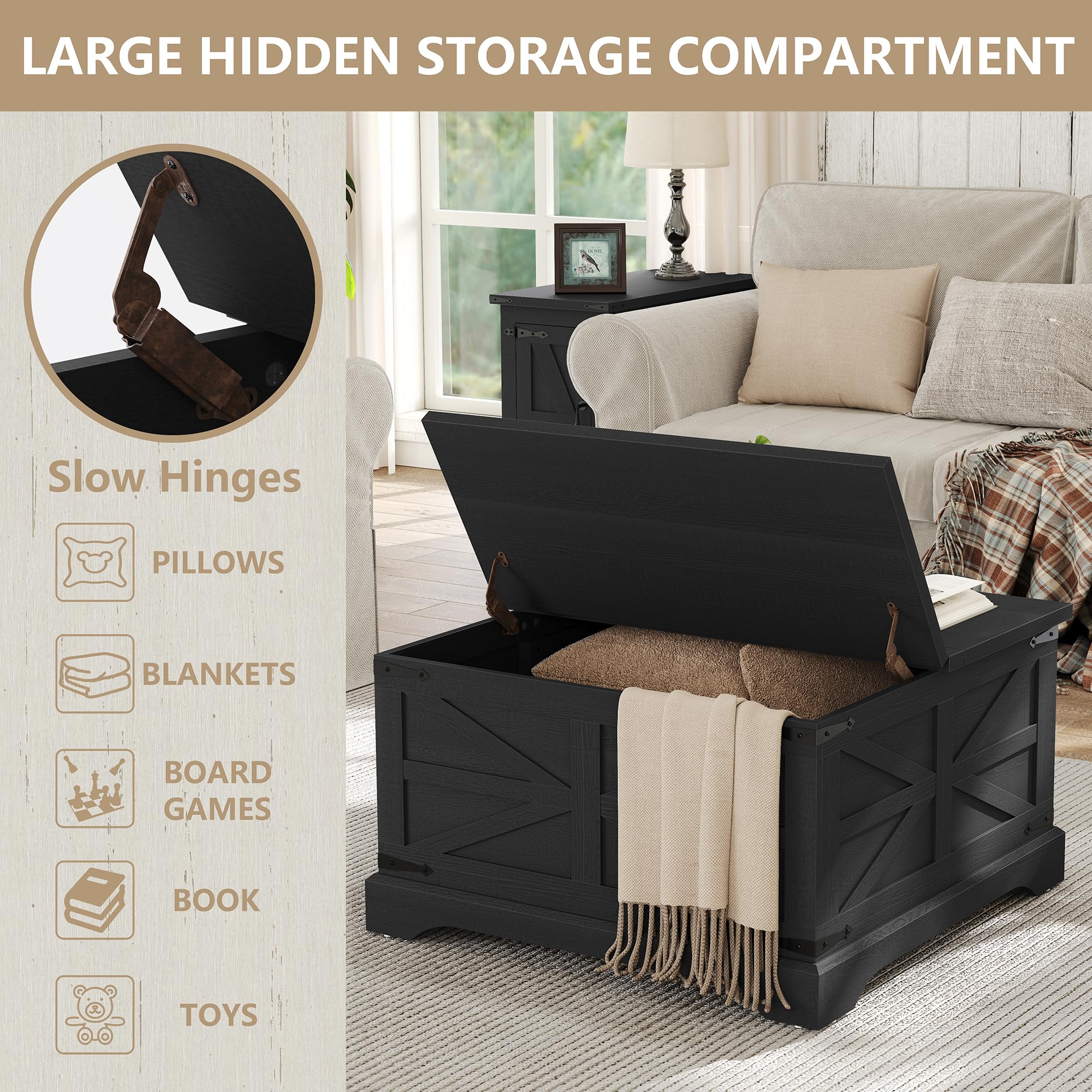 Farmhouse Lift Top Coffee Table with Hidden Storage - Square Rustic Wood Center Table for Living Room, Hinged Lift Top Cocktail Table - Perfect for Small Spaces, Home Office, and Cozy Farmhouse Decor (Black)