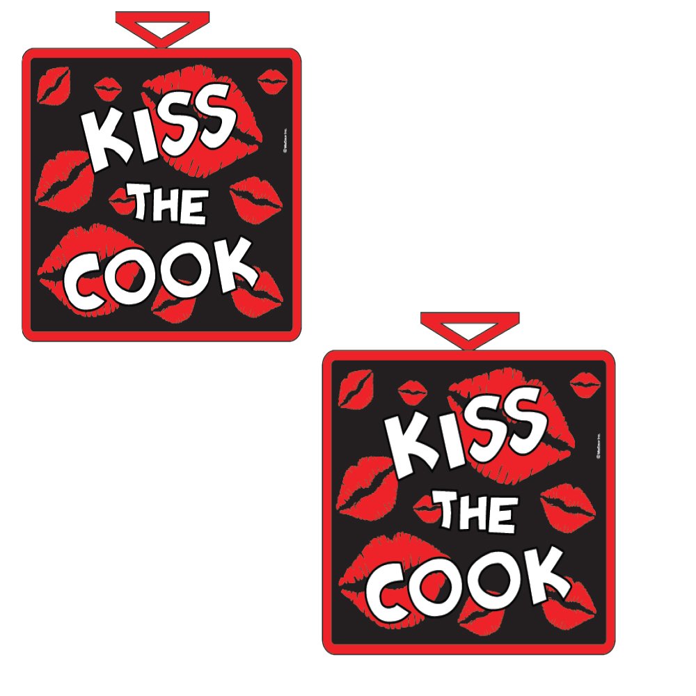 Kiss The Cook Red Lips Oven Mitts Set of 2 - 100% Cotton Heat Resistant Pot Holders for Baking, Cooking & Serving Hot Dishes - Machine Washable Kitchen Accessories for Grilling, Barbecue & Holiday Cooking