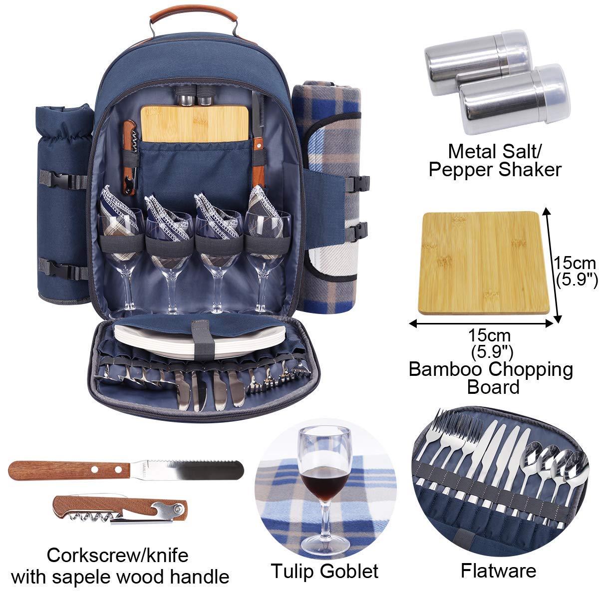 Sunflora 4-Person Insulated Picnic Backpack with Cooler Compartment - Navy & Blue Stripe Outdoor Picnic Set for Beach, Camping, Hiking & Family Gatherings