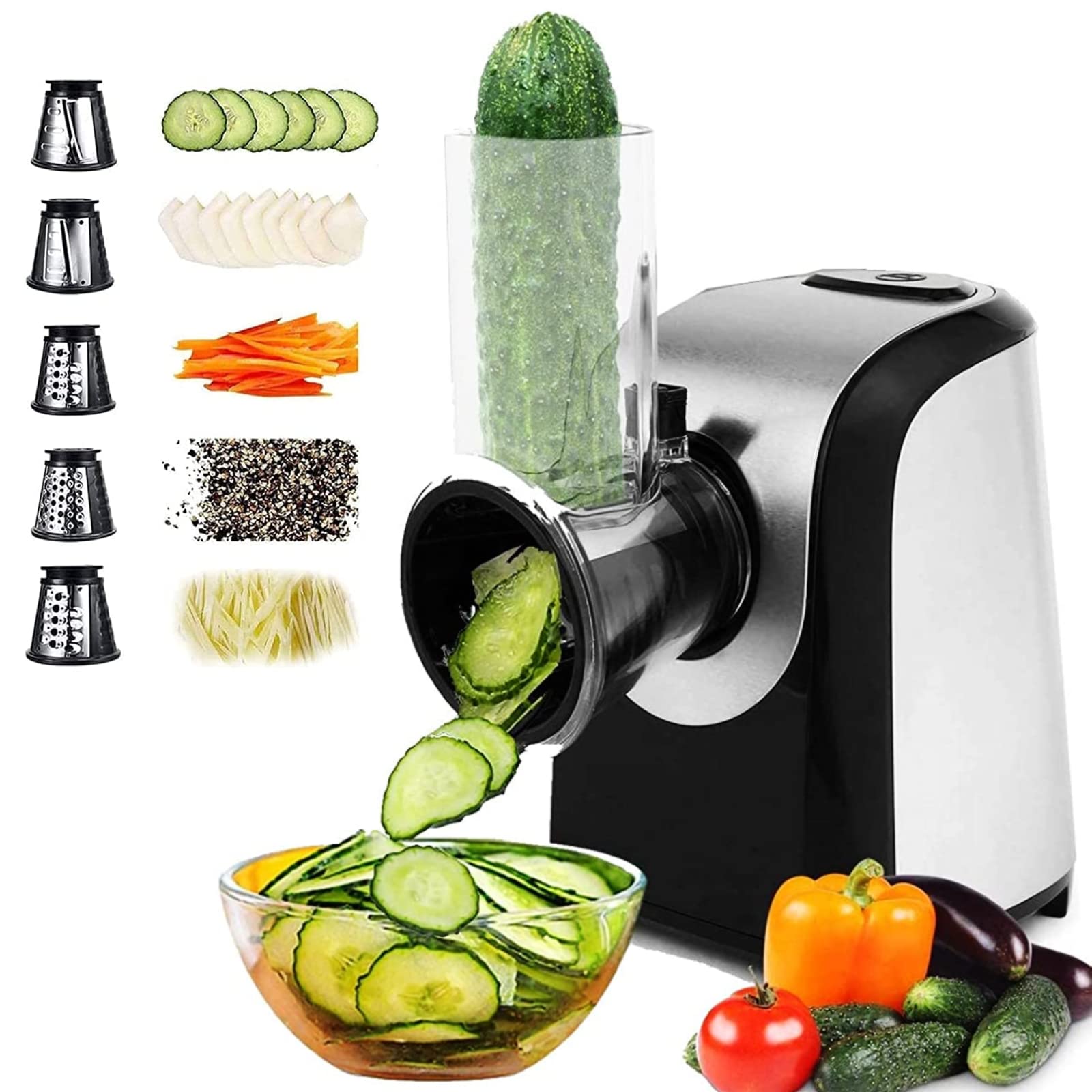 5-in-1 Electric Cheese Grater & Shredder - Professional Kitchen Tool for Block Cheese, Carrots, Cabbage & Nuts - BPA-Free Salad Maker - Perfect for Home Cooking, Meal Prep & Party Platters