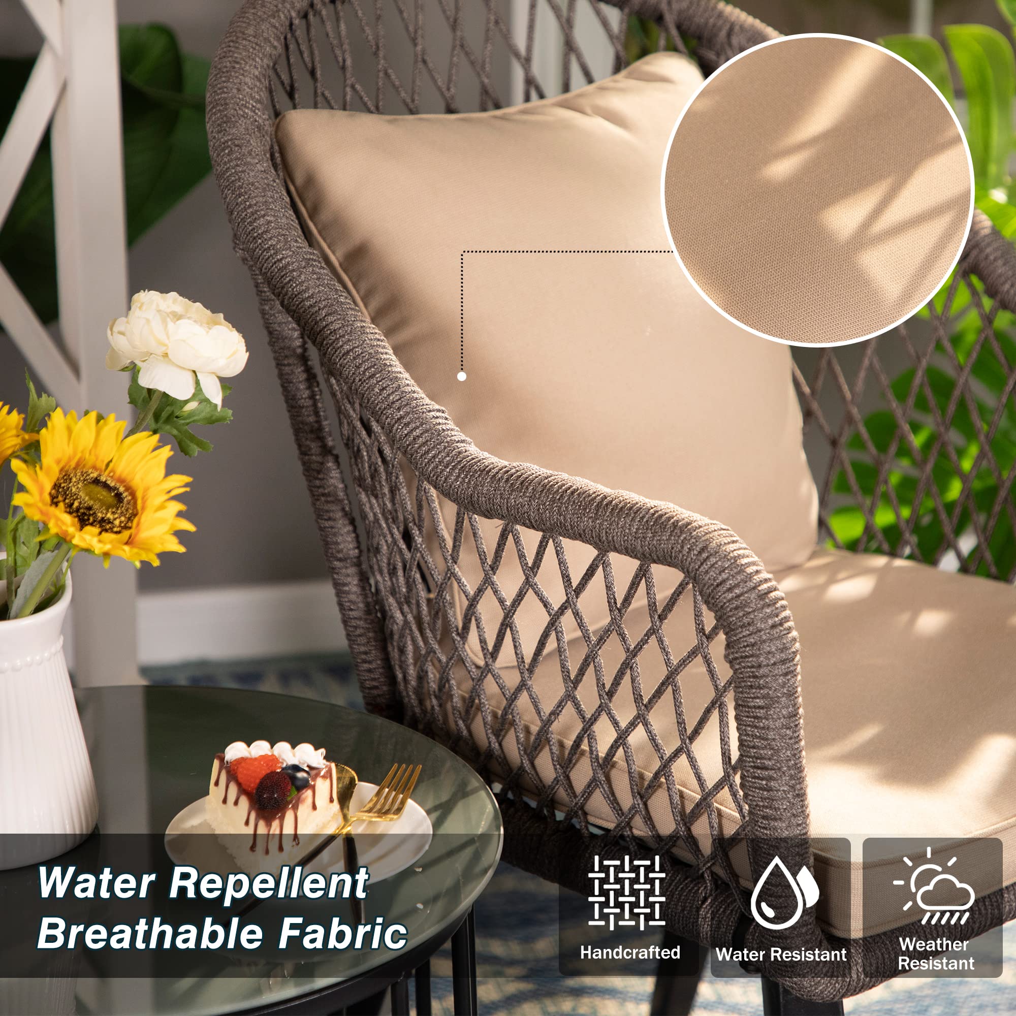 PHI VILLA 3-Piece Outdoor Patio Furniture Set - 2 Hand-Woven Olifin Rope Chairs with Cushions & 1 Tempered Glass Coffee Table - Grey Wicker Bistro Set with Beige Cushions for Backyard, Porch, Garden or Poolside Relaxation