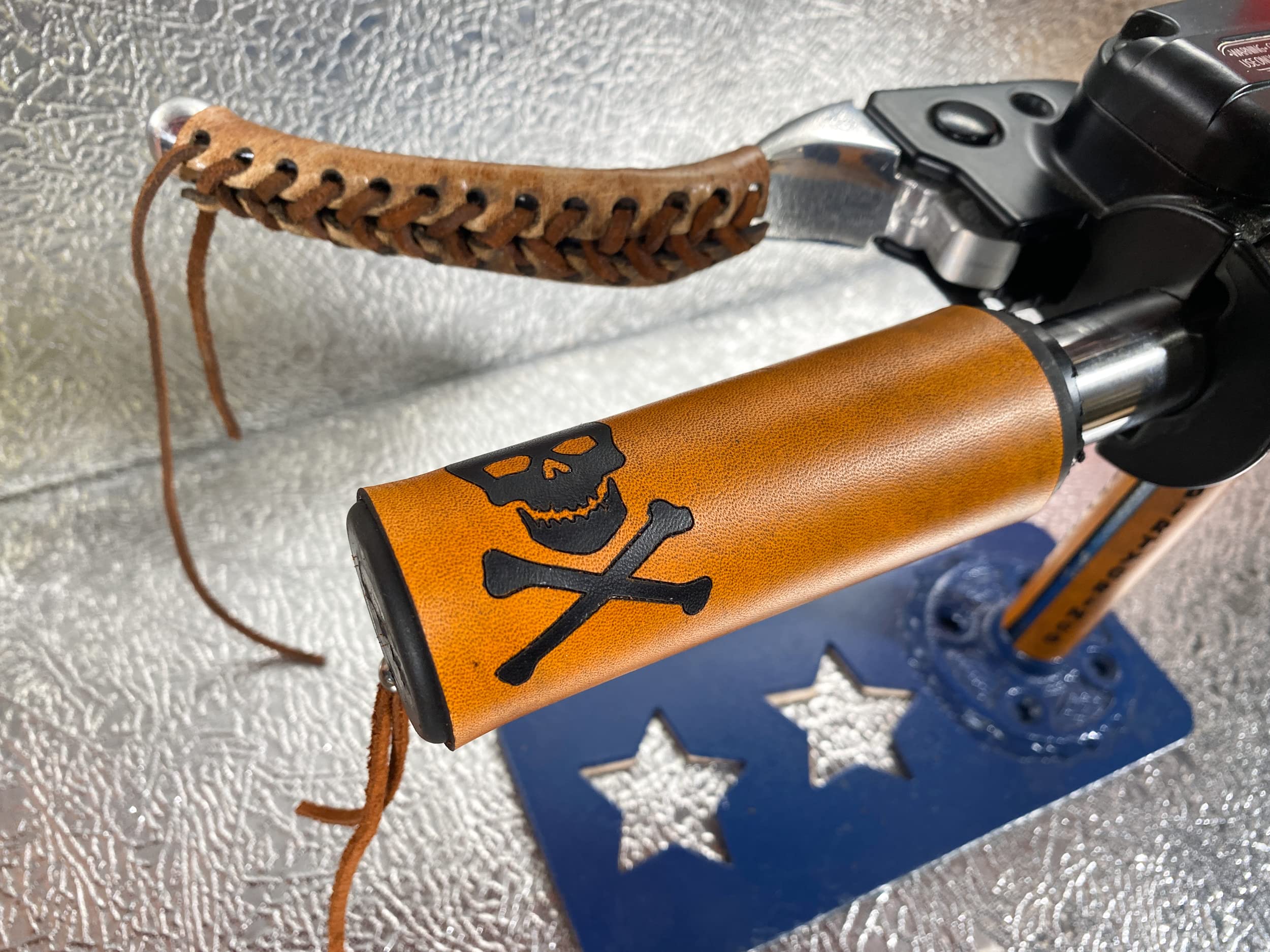 Dirty Gringo Skull & Bones Jolly Roger Tan Leather Motorcycle Grip Covers for Harley Davidson - Premium Biker Accessories for Cruiser & Chopper Riders