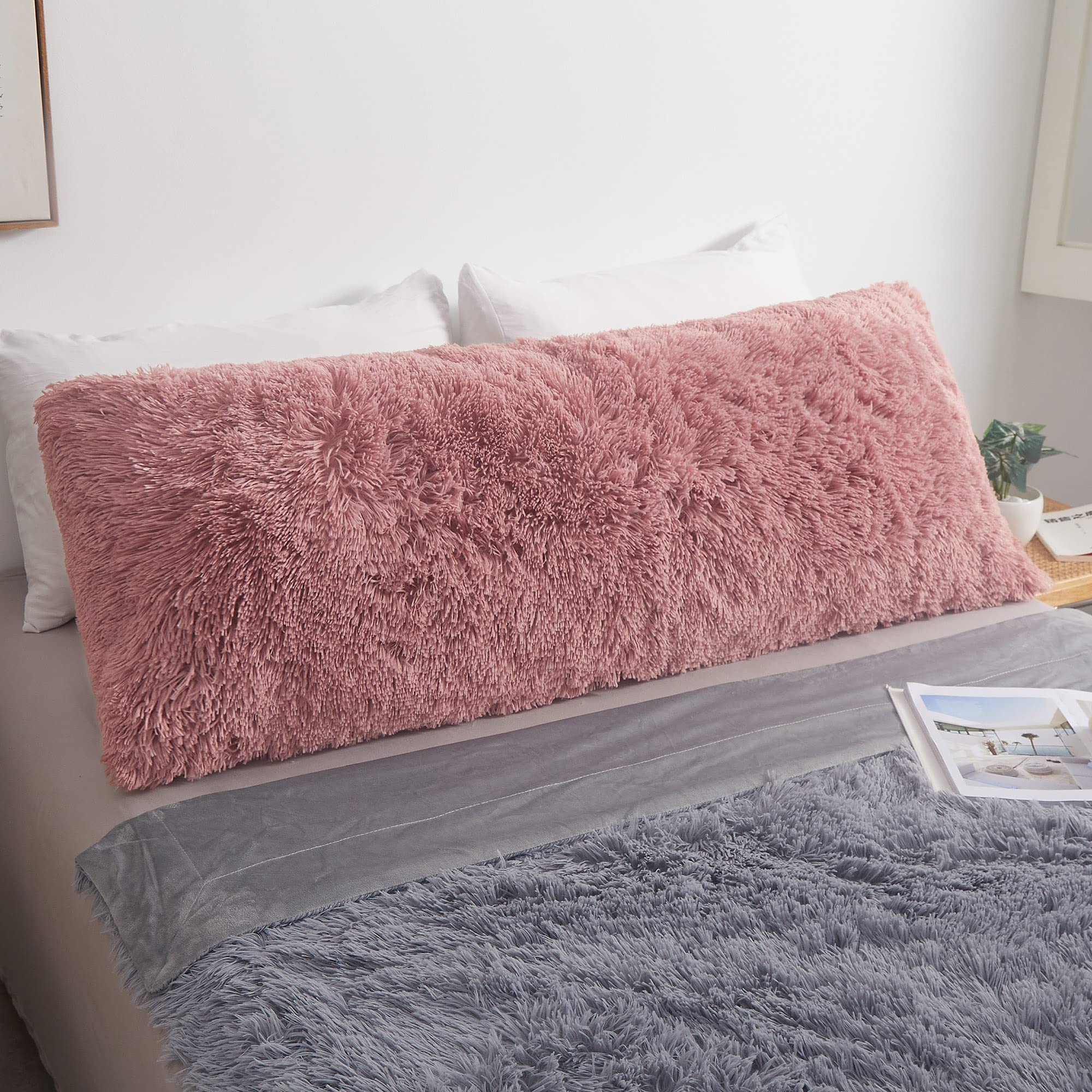 **MEGO Fluffy Body Pillow Cover - 20x54 Inches Shaggy Faux Fur Pillow Case, Soft Pink Plush Fuzzy Pillow Cover with Zipper for Adults & Pregnant Women - Cozy Bedding for Side Sleepers, Couch Lounging & Home Decor**