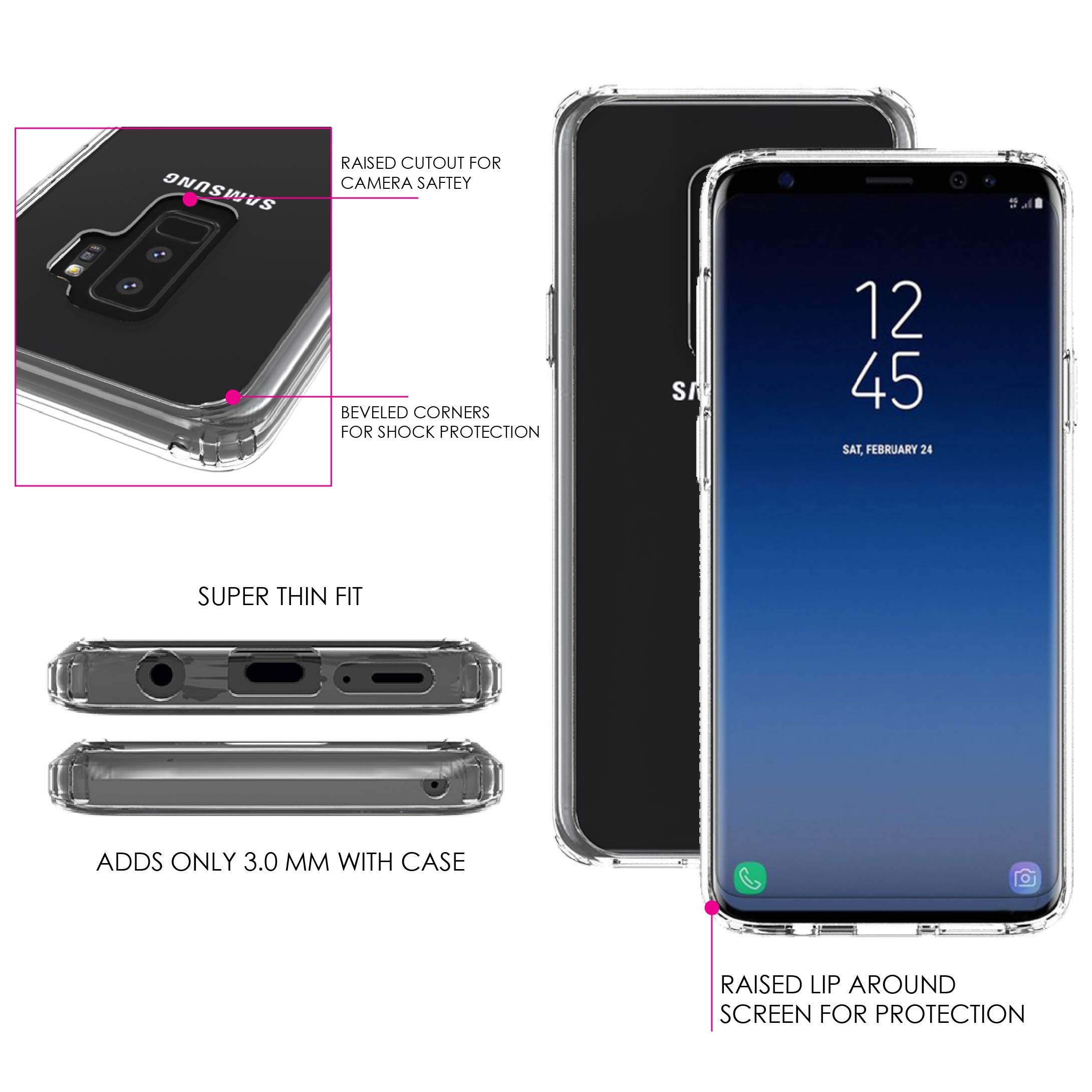 Shockproof Clear Hybrid Case for Samsung Galaxy S9+ (6.2 Inch) with TPU Bumper & Tempered Glass Screen Protector - Protective Phone Cover for Gaming, Work & Outdoor Activities