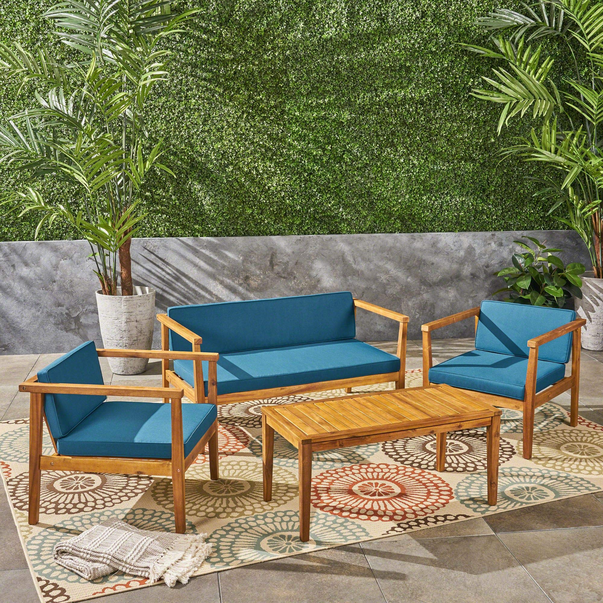 4-Piece Teal Blue and Brown Modern Outdoor Conversation Set with Cushions - Perfect for Patio, Garden, and Backyard Relaxation