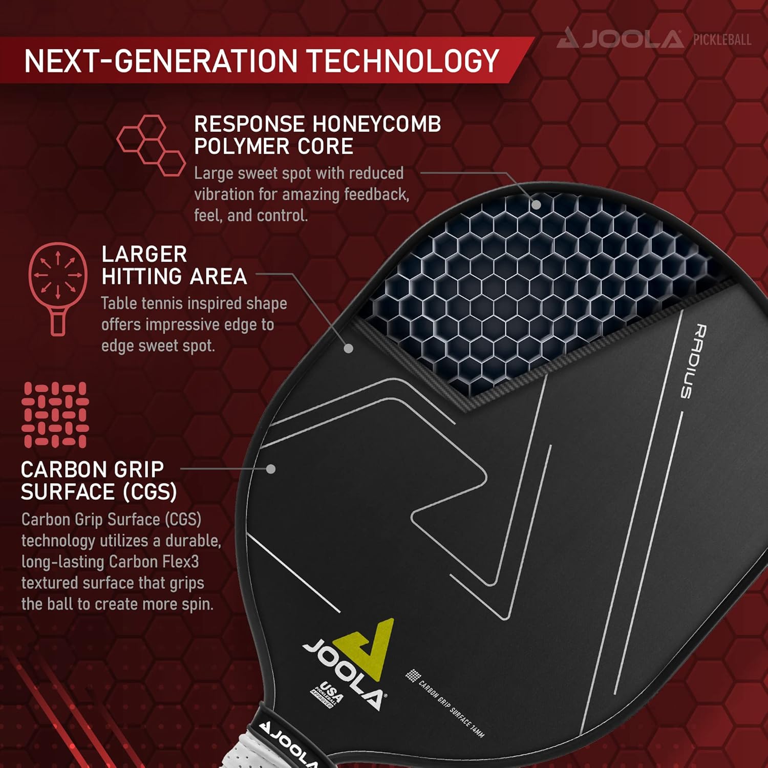 JOOLA Radius CGS 14 Pickleball Paddle - Premium Carbon Fiber Surface for Enhanced Control & Spin - Perfect for Indoor & Outdoor Court Play