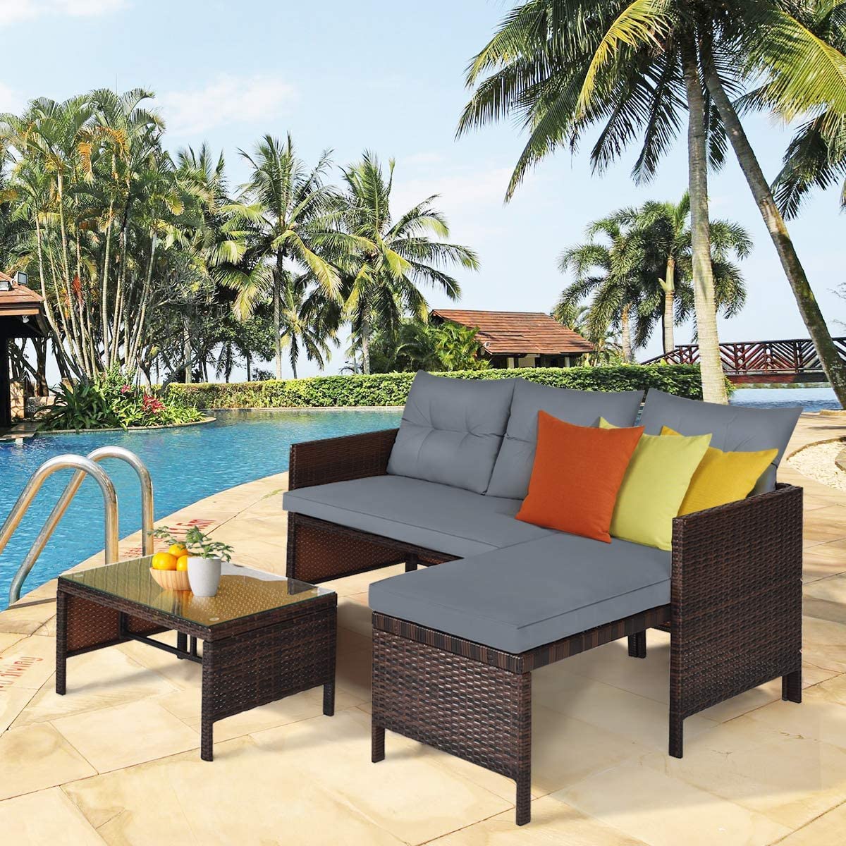 LUARANE 3-Piece Outdoor Patio Corner Sofa Set with Lounge Chair, Double Chair & Coffee Table - Waterproof Grey Wicker Furniture for Garden, Poolside, Backyard & Lawn Relaxation | Durable All-Weather Conversation Set for Outdoor Entertaining