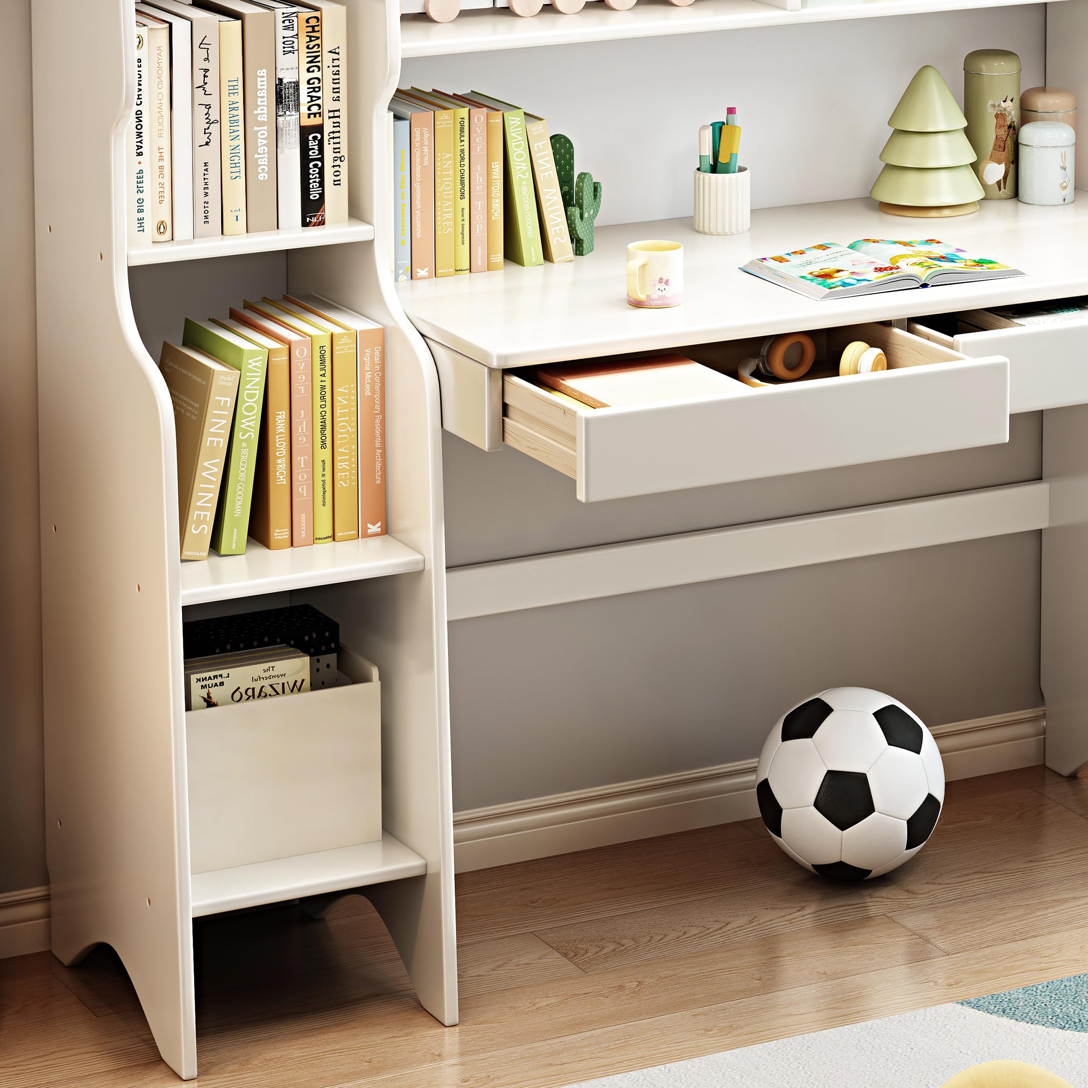 Kids Study Desk with Drawers & Bookshelf - Solid Rubber Wood Children's Writing Table, Computer Workstation for Students - White | Perfect for Homeschooling, Online Learning & Homework Organization