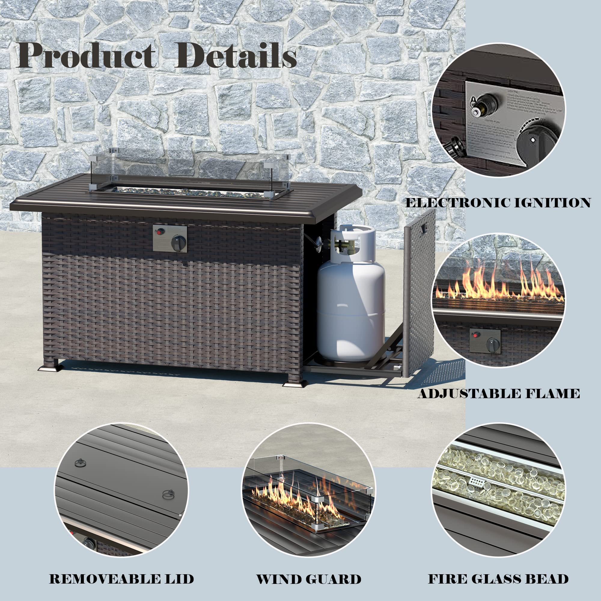 Gotland 7-Piece Outdoor Patio Furniture Set with 43-inch Gas Fire Pit Table - 55,000 BTU Propane Sectional Sofa Set with Auto-Ignition & Glass Wind Guard - Perfect for Backyard, Garden, Poolside & Outdoor Entertaining