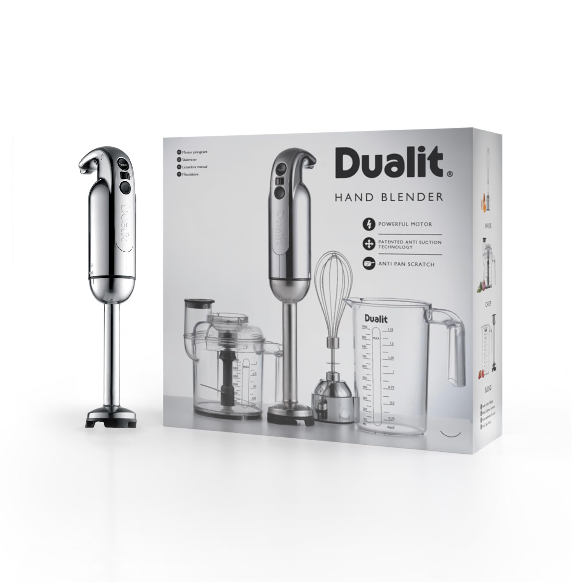 Dualit 700W Hand Blender Set - Powerful Stick Blender with Turbo Speed, 35.1oz Measuring Jug, Chopping Bowl & Whisk Attachment | Chrome Finish | Perfect for Smoothies, Soups, Baby Food & Baking