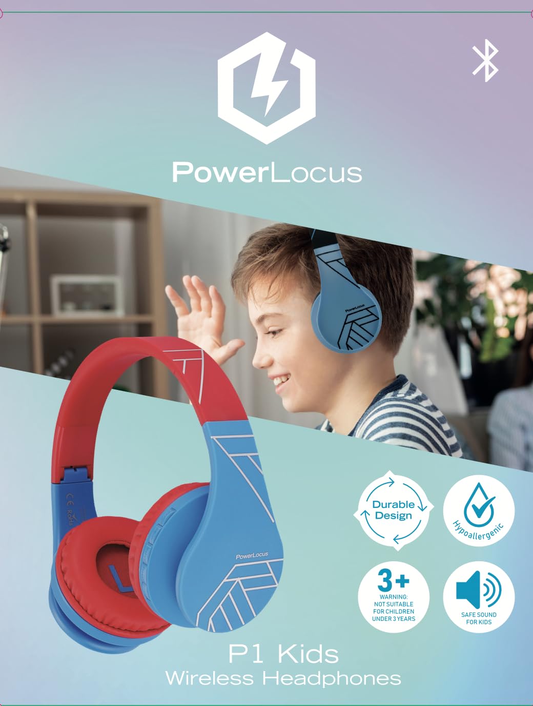 PowerLocus Kids Wireless Bluetooth Headphones with Microphone - Foldable Over-Ear Design, 85DB Volume Limit, SD Card & FM Radio - Compatible with Phones, Tablets, PC - Perfect for School, Travel & Home Learning