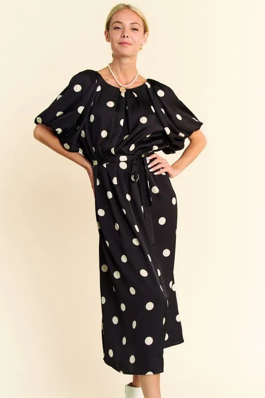 Stylish Polka Dot Puff Sleeve Midi Dress with Waist Tie - Perfect for Summer Parties, Weddings & Casual Outings
