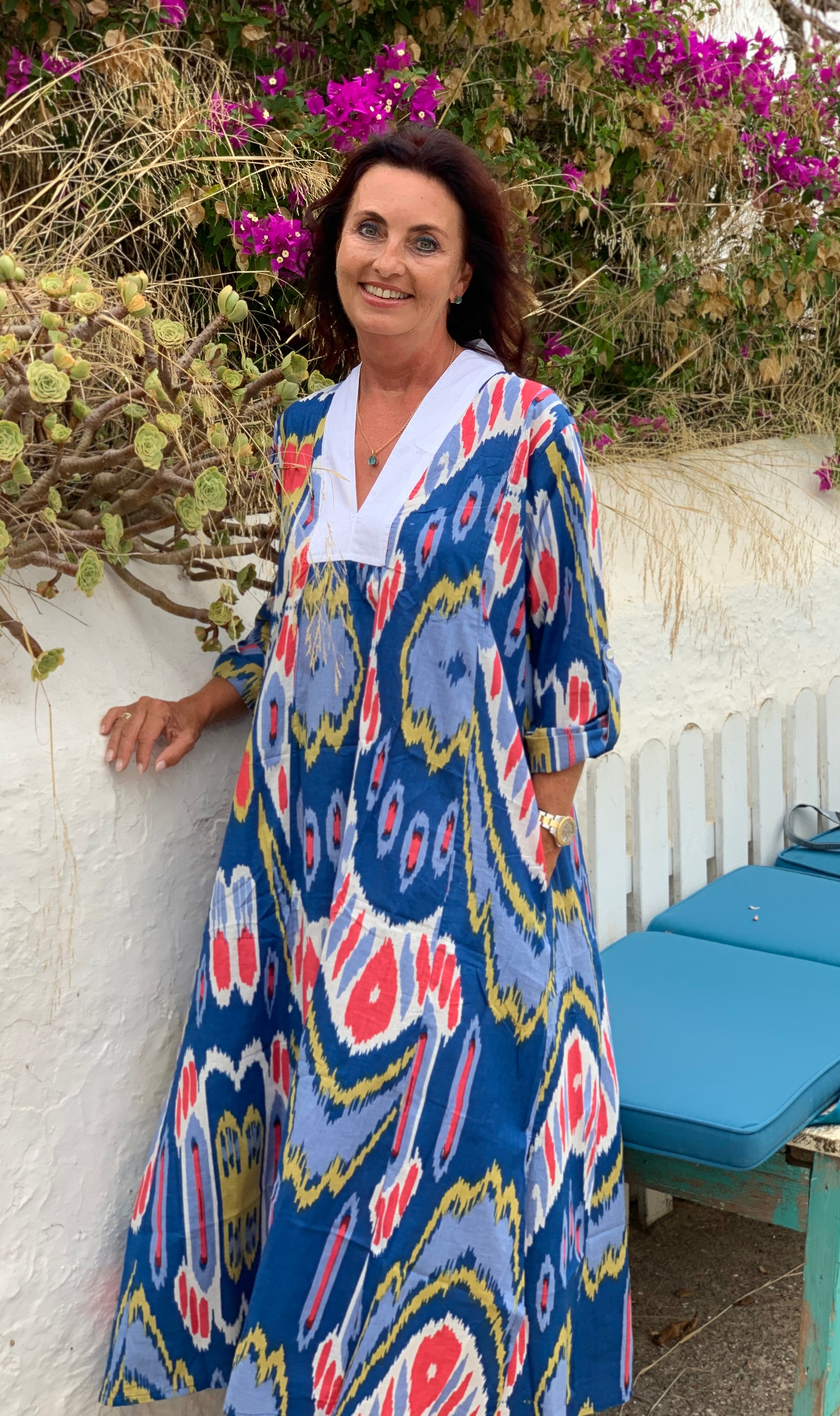 Bohemian Ikat Blue and White Abstract Print Long Tunic - Stylish Loose Fit Boho Chic Top for Women, Perfect for Beach, Festivals & Casual Wear