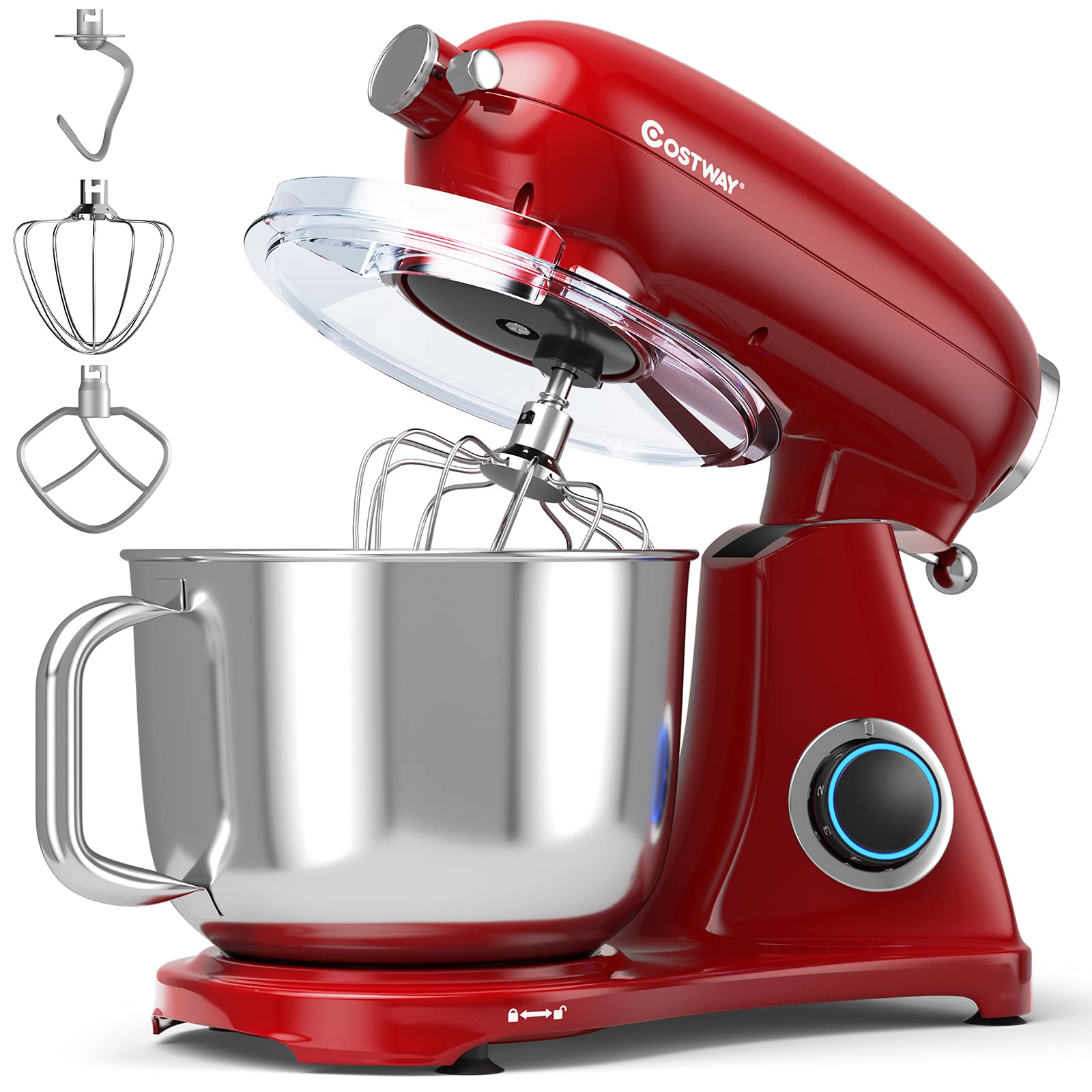 COSTWAY 7 Quart Stand Mixer, 800W 6-Speed Electric Tilt-Head Food Mixer with Dough Hook, Whisk & Beater - Perfect for Baking Cakes, Cookies, Bread & More - Includes Pulse Function & Power Hub for Attachments (Red)